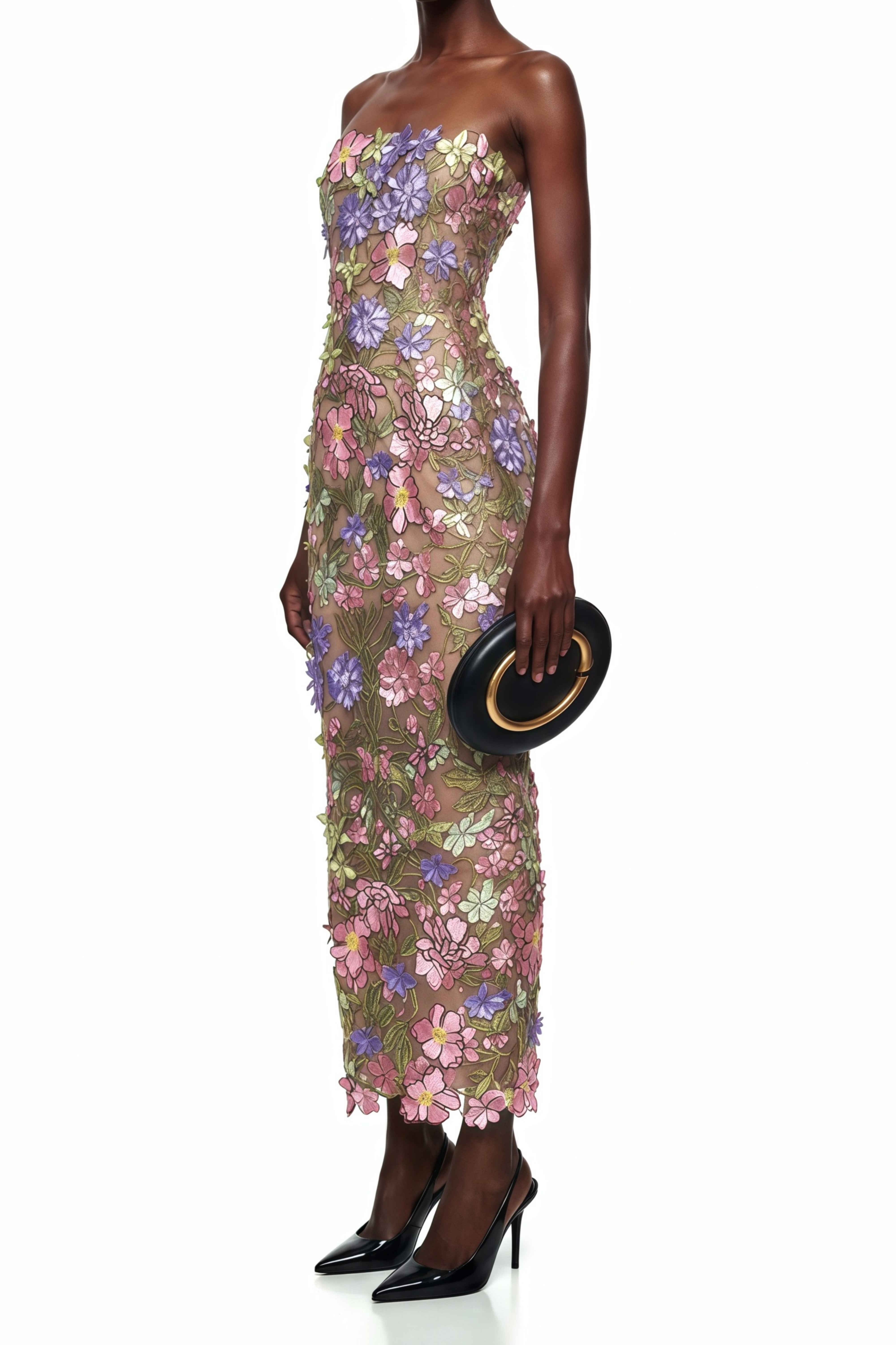 Elegant Strapless Sheer Overlay Midi Gown with Colorful 3D Applique Flowers