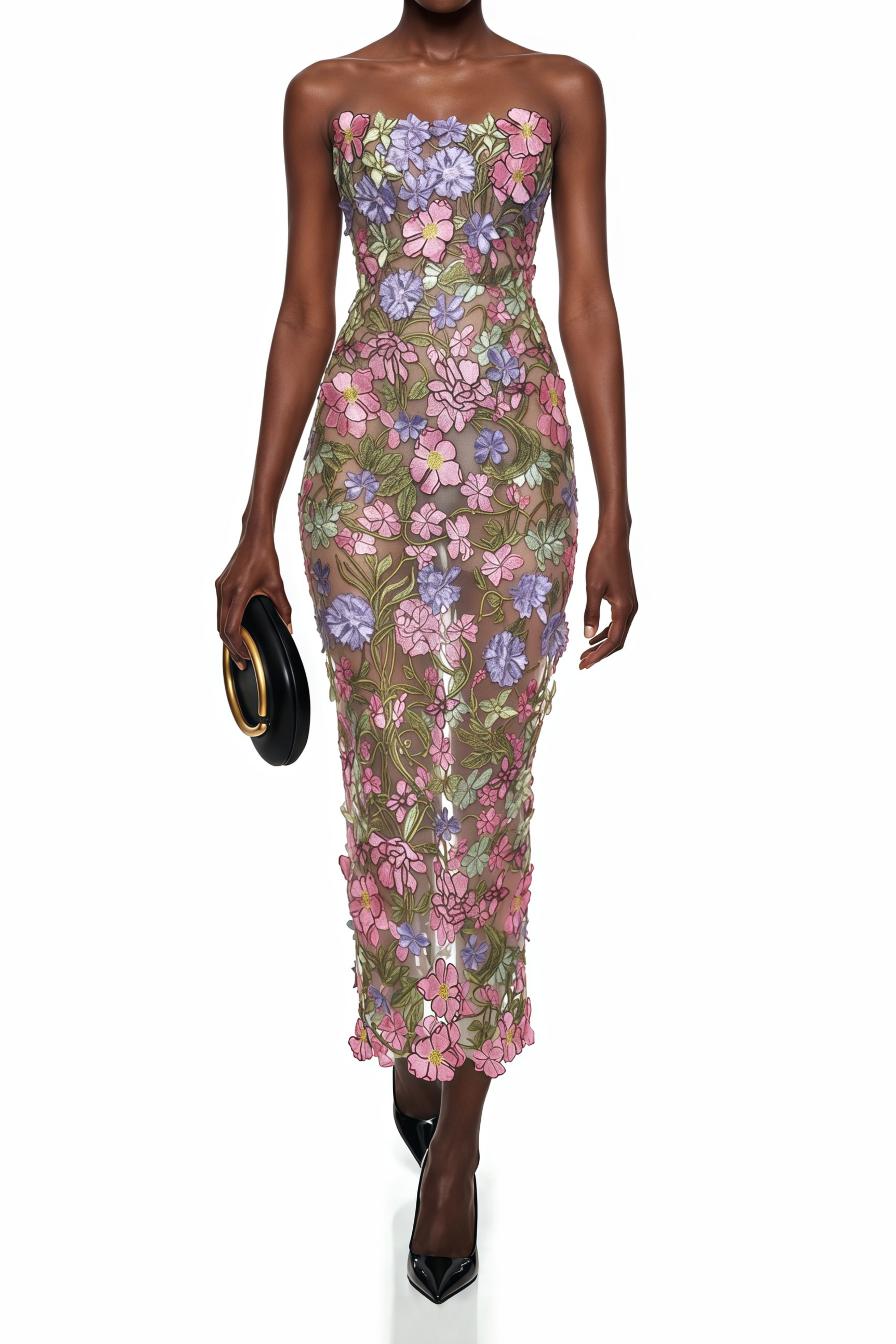 Elegant Strapless Sheer Overlay Midi Gown with Colorful 3D Applique Flowers