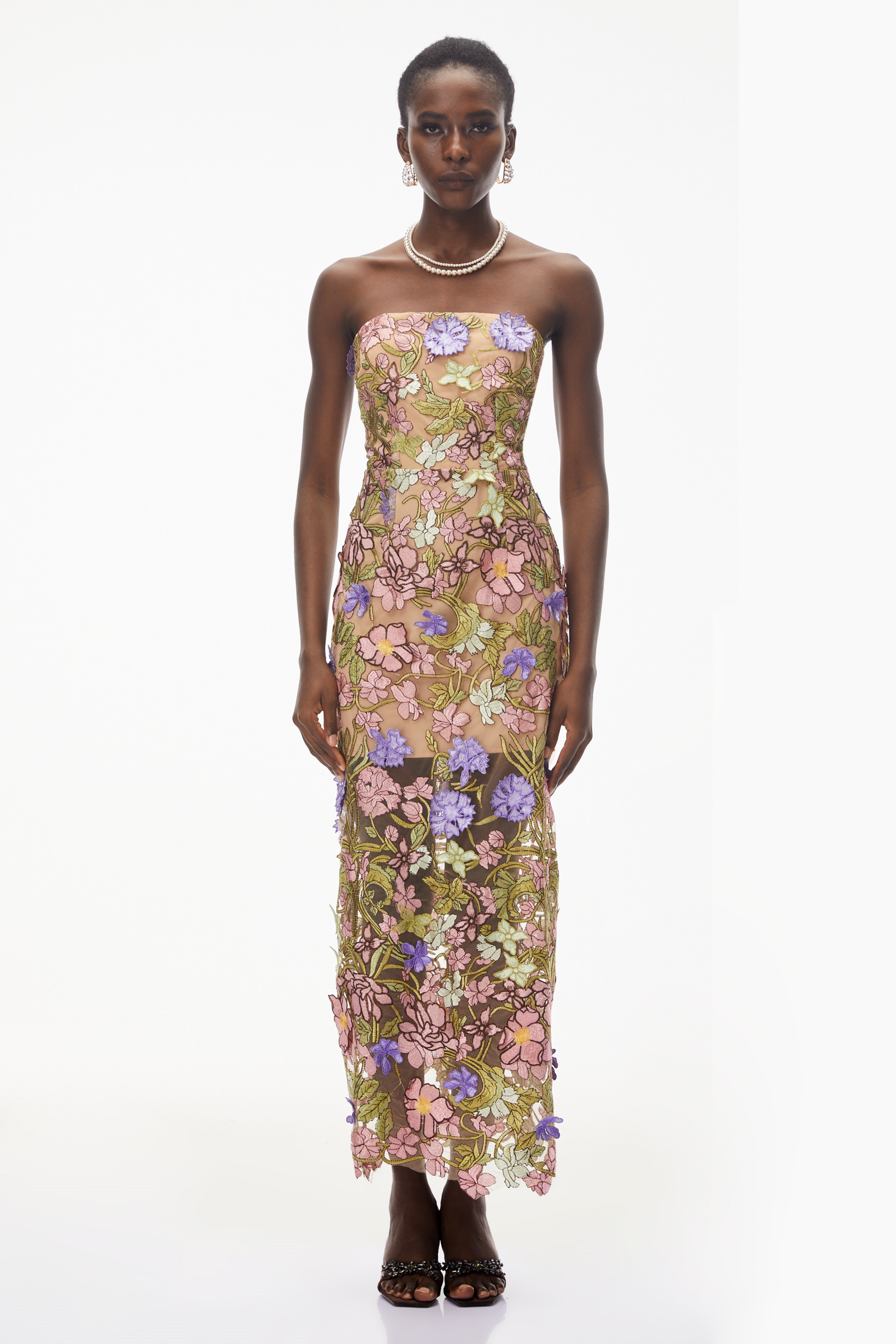 Elegant Strapless Sheer Overlay Midi Gown with Colorful 3D Applique Flowers