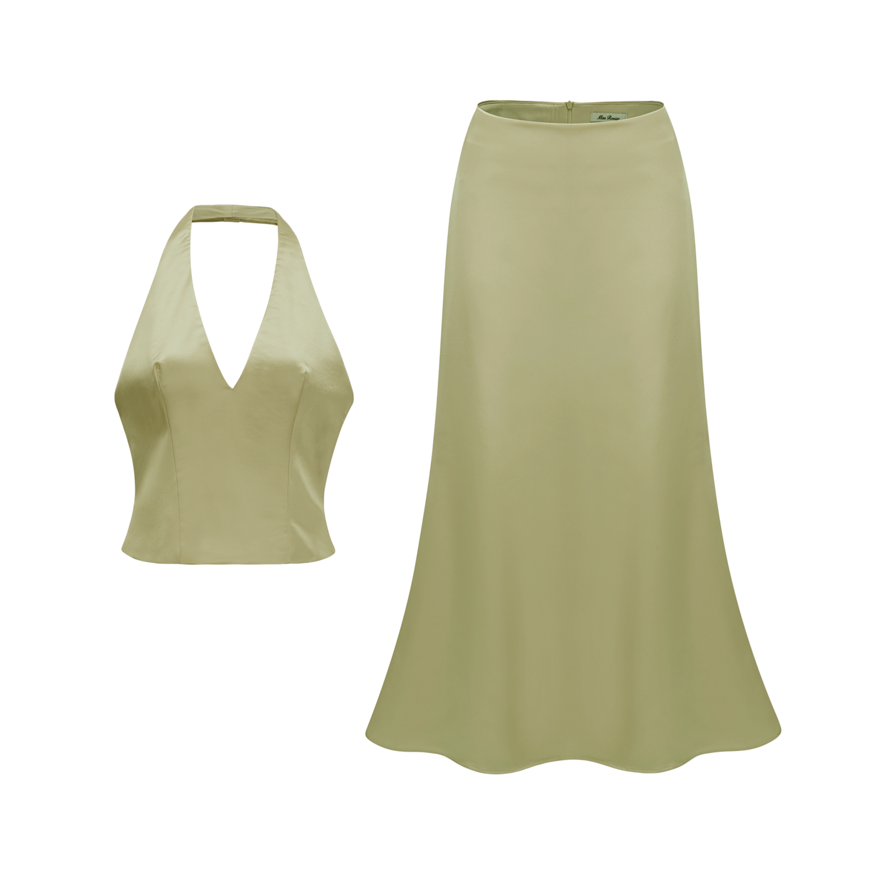 Querubina Green Plunge Neck Satin Top & Skirt Set