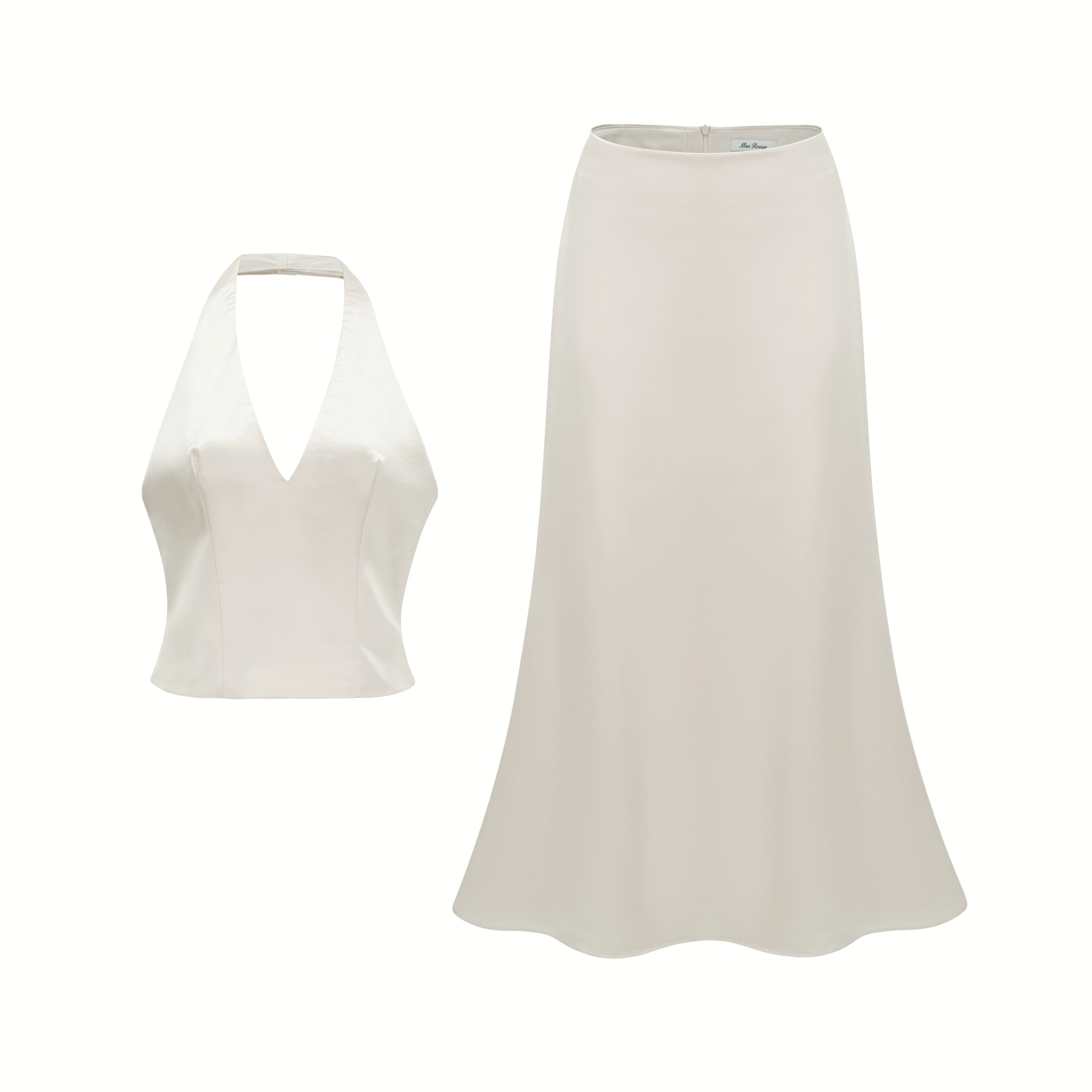 Querubina Ivory Plunge Neck Satin Top & Skirt Set