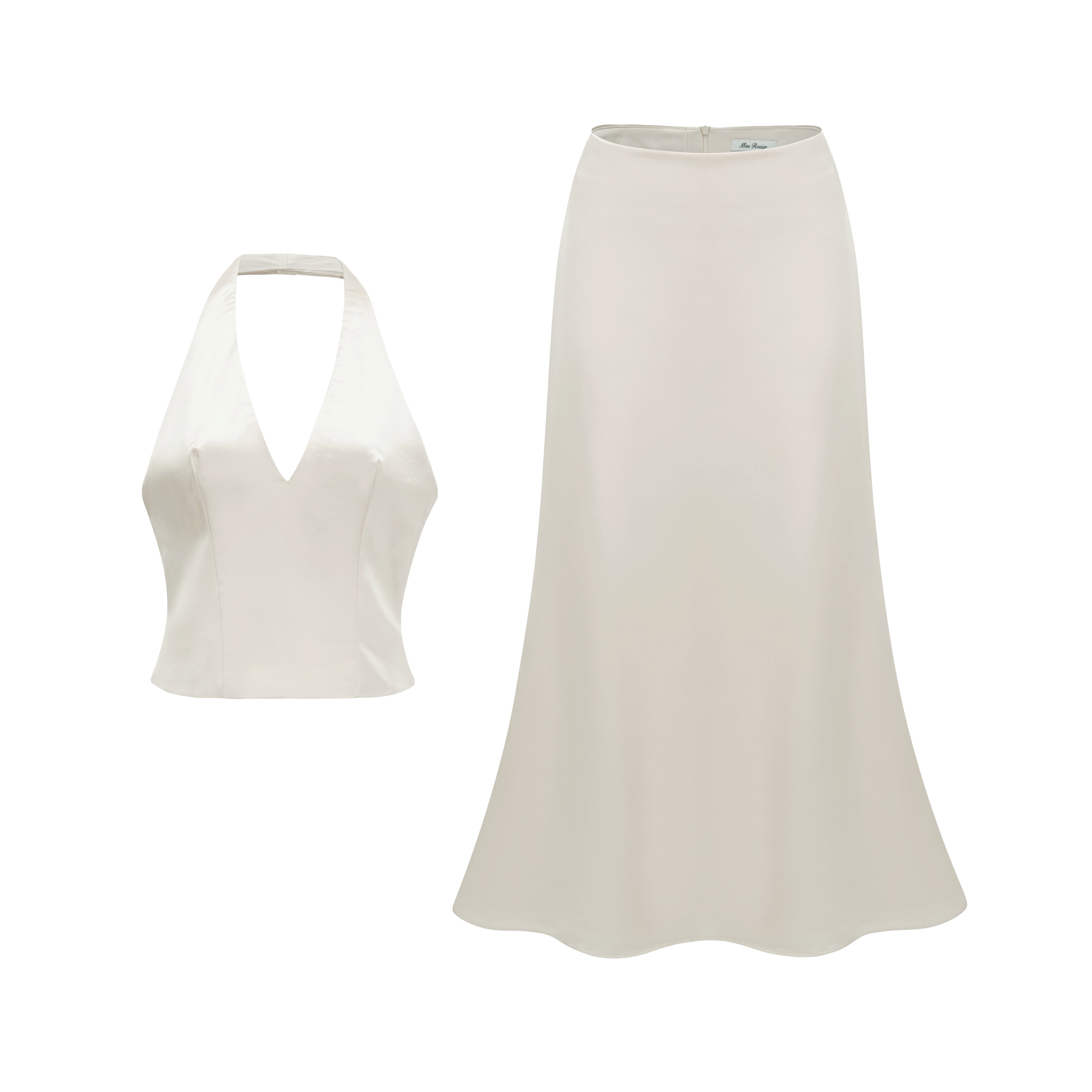 Querubina Ivory Plunge Neck Satin Top & Skirt Set