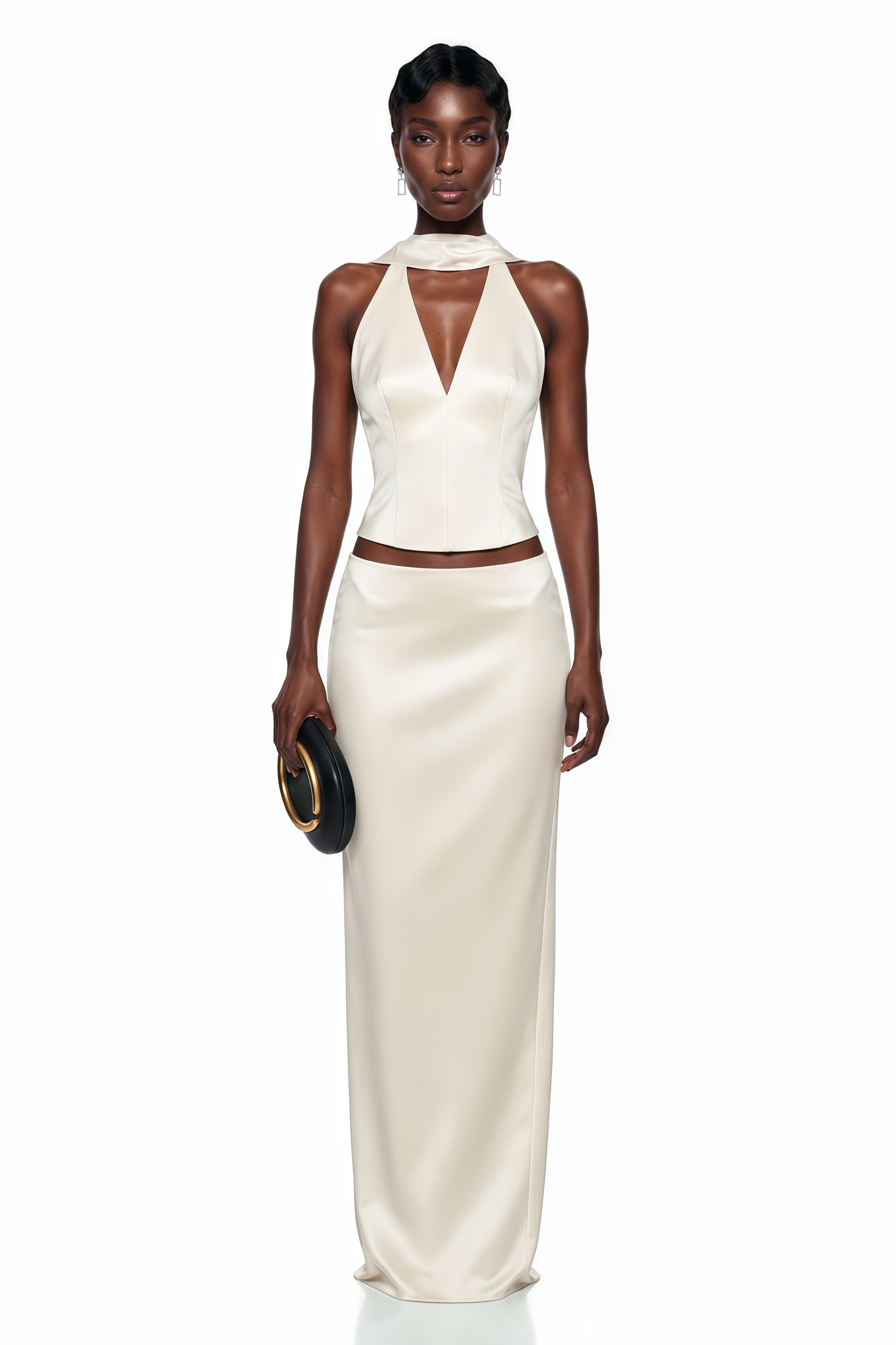 Off-white satin two-piece maxi set featuring a halter V-neck top with a high collar band and a matching bias-cut skirt
