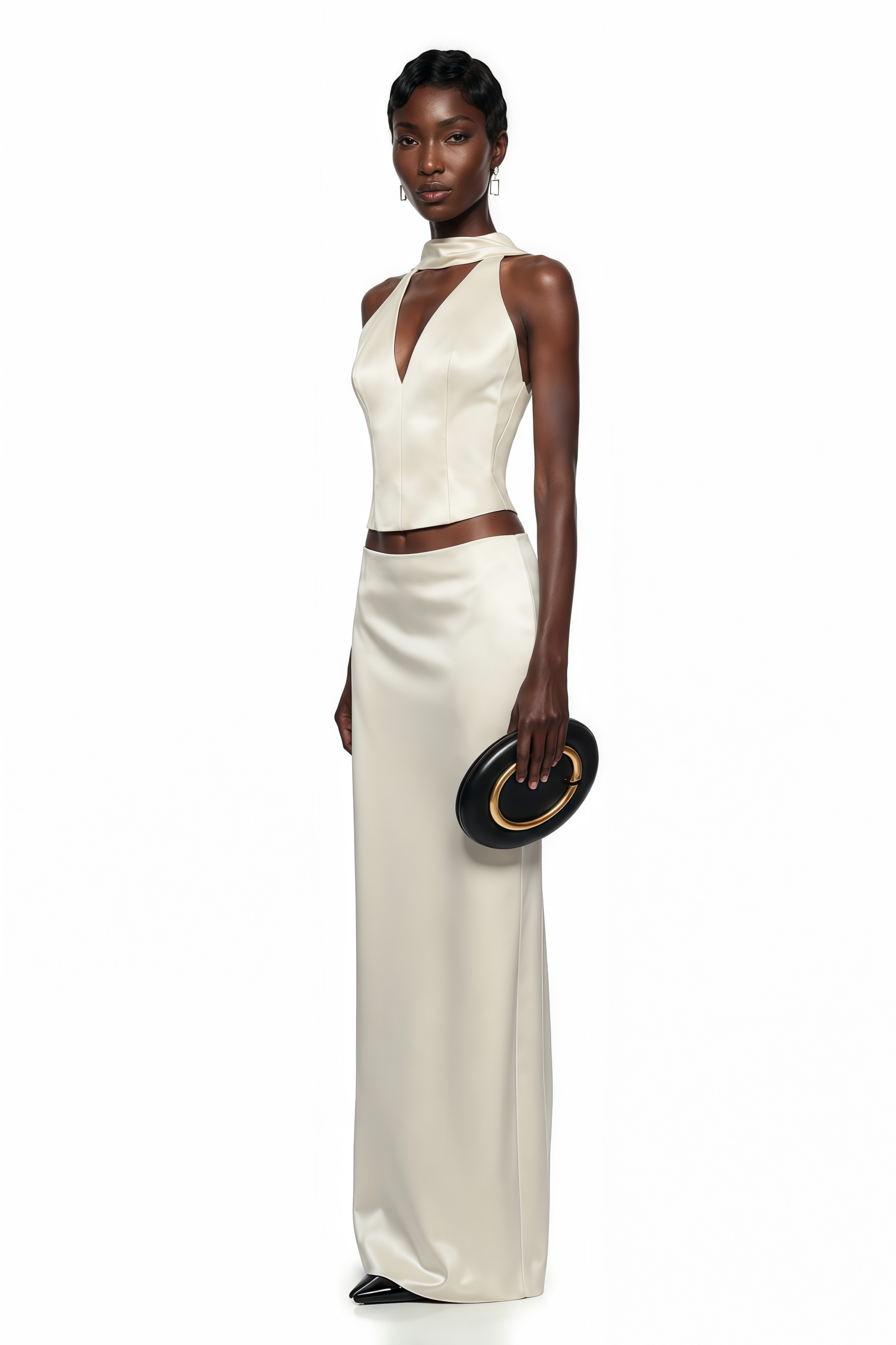 Off-white satin two-piece maxi set featuring a halter V-neck top with a high collar band and a matching bias-cut skirt