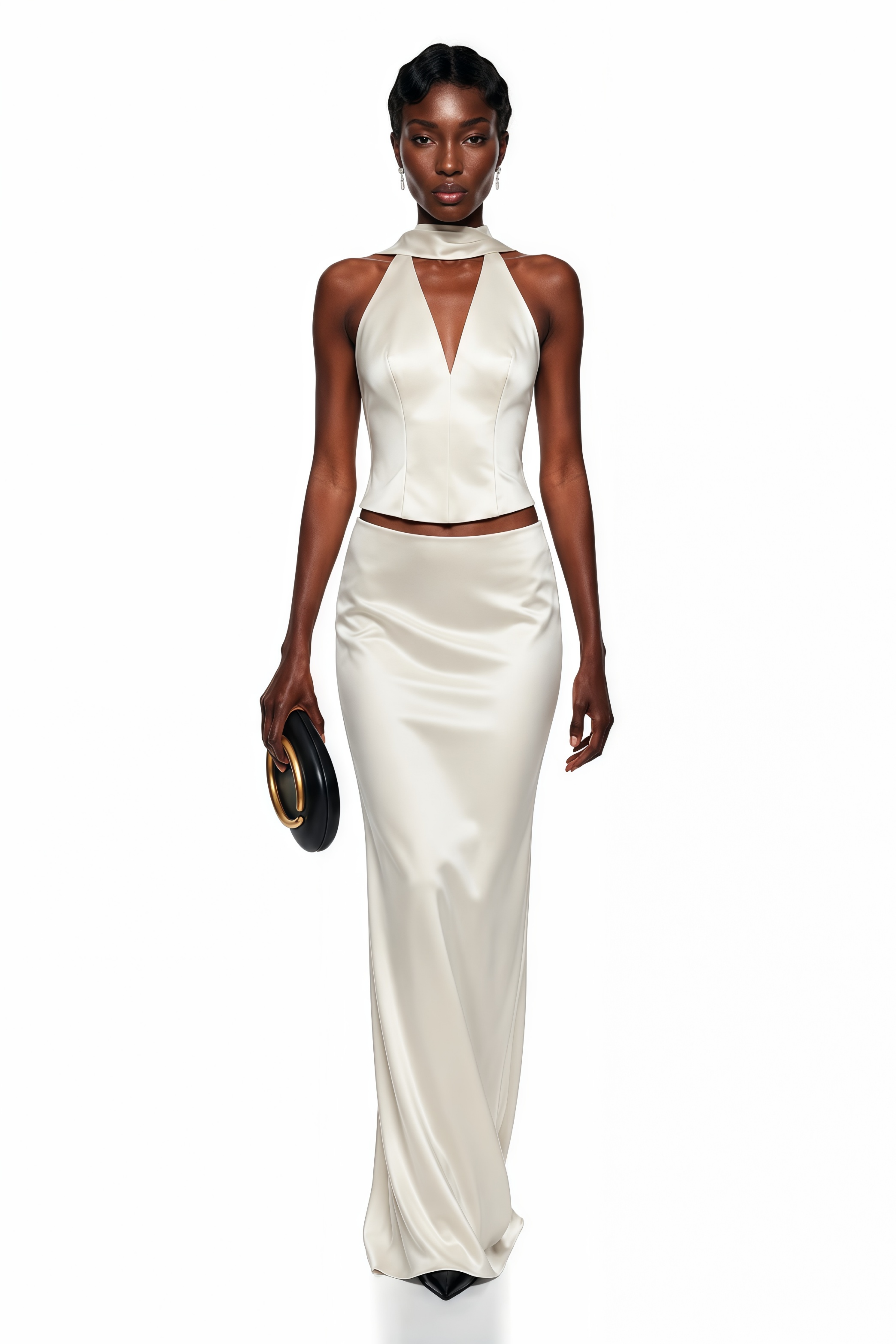 Off-white satin two-piece maxi set featuring a halter V-neck top with a high collar band and a matching bias-cut skirt