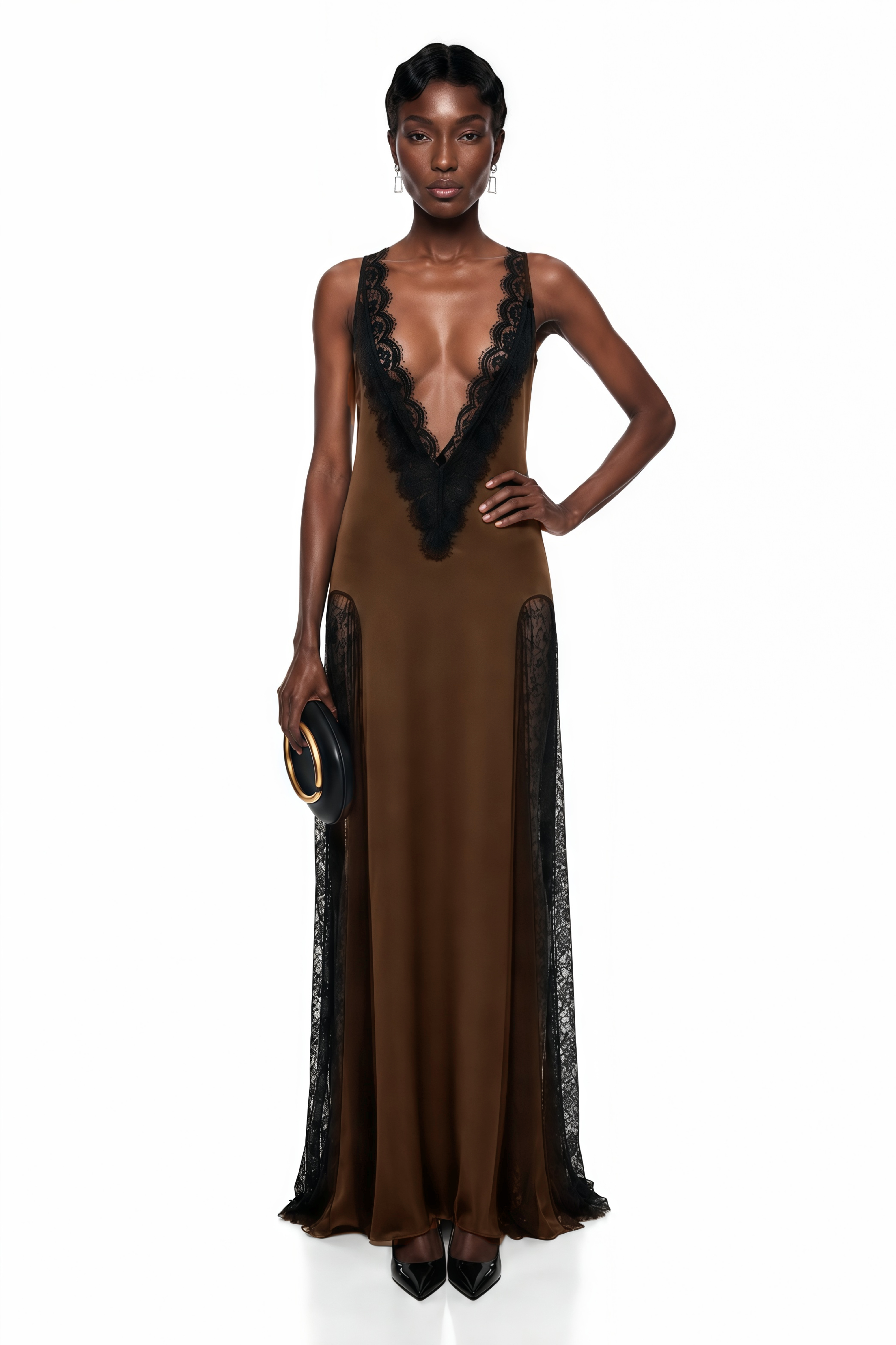 Brown satin maxi dress with a plunging V-neckline and black lace panel inserts