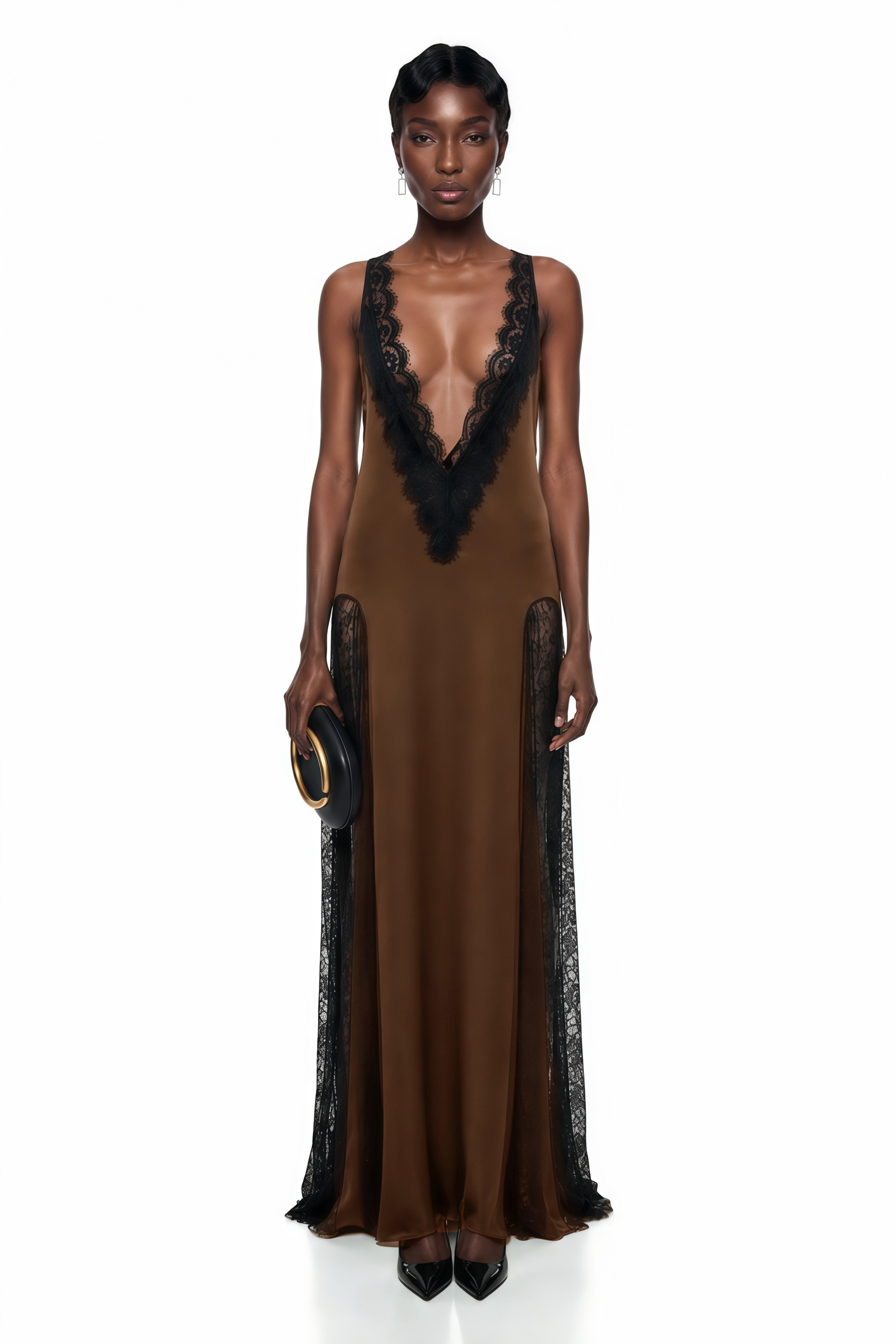 Brown satin maxi dress with a plunging V-neckline and black lace panel inserts