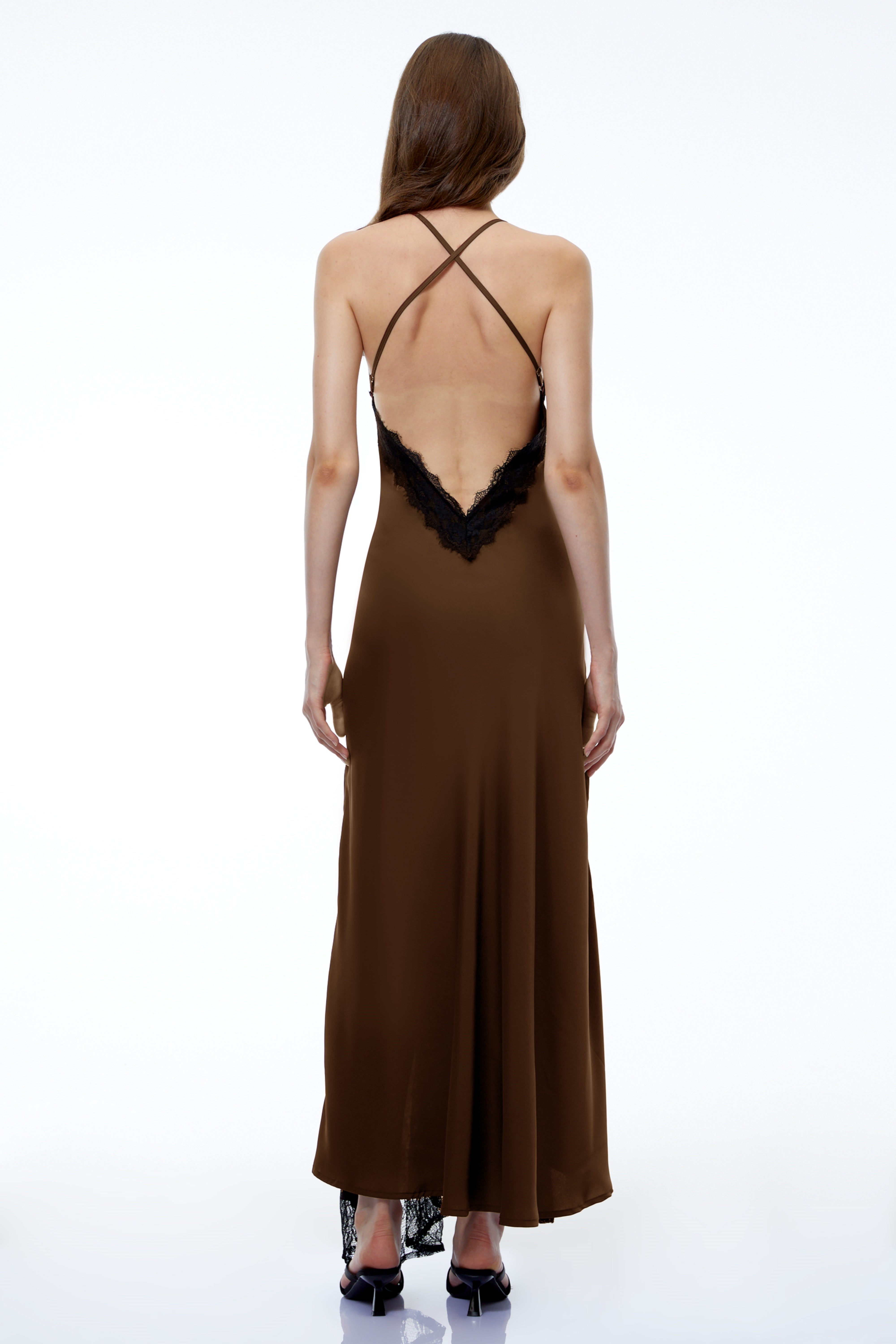 Brown satin maxi dress with a plunging V-neckline and black lace panel inserts