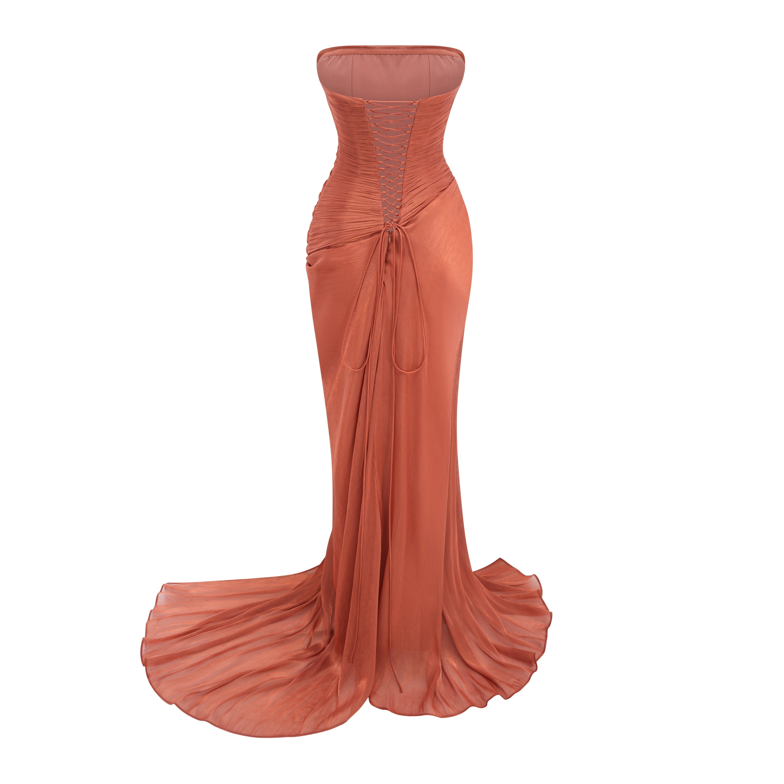 Dusty rose strapless gown with draped skirt and high slit