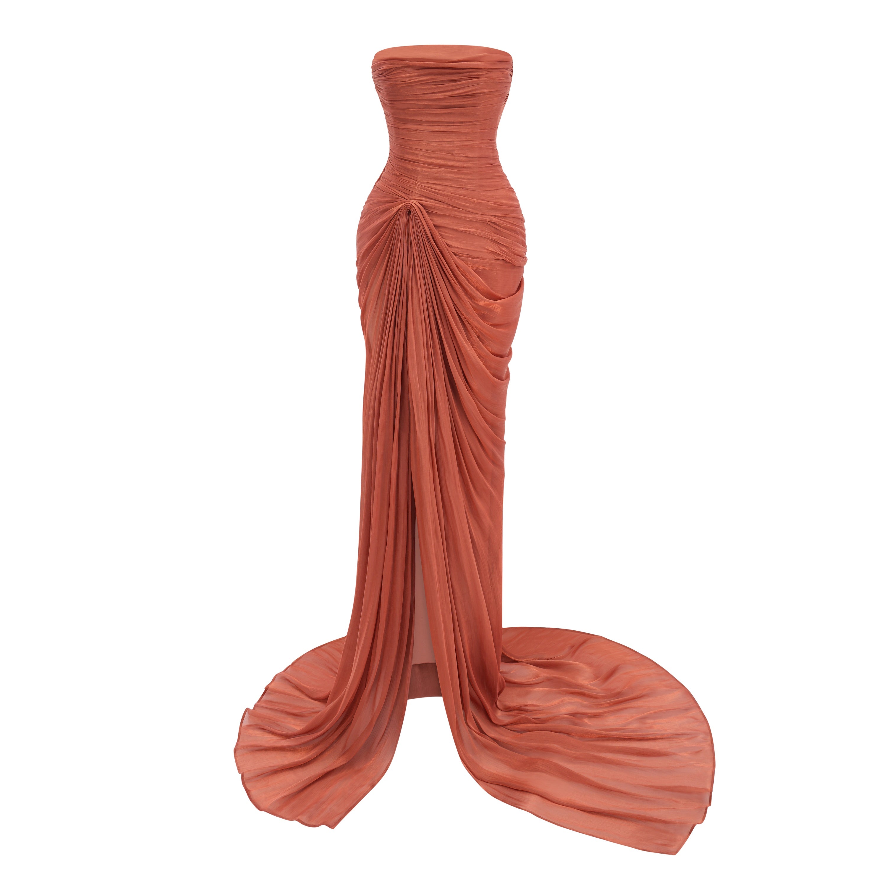 Dusty rose strapless gown with draped skirt and high slit