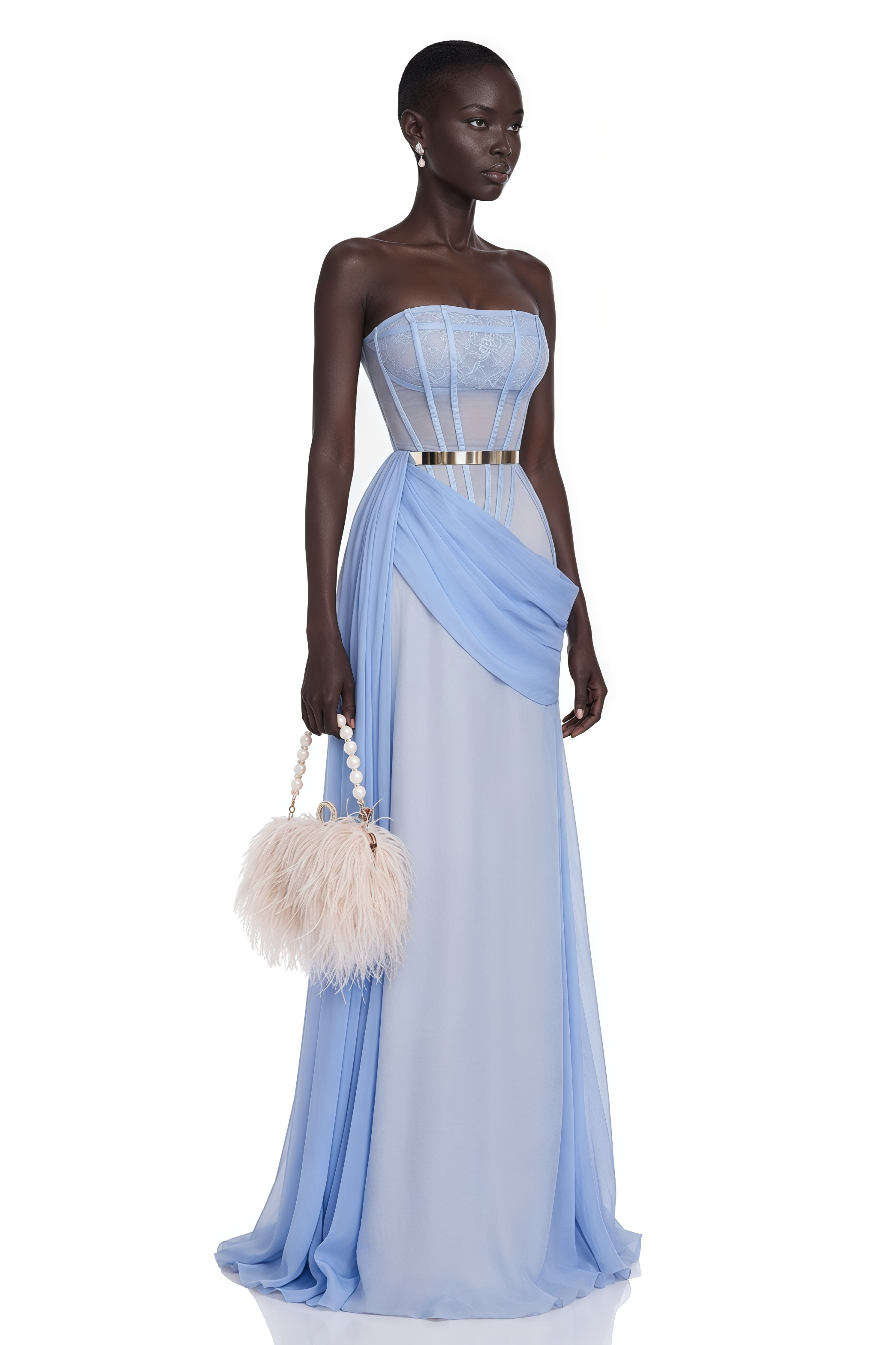 Light blue strapless corset gown with a draped sash and a gold belt