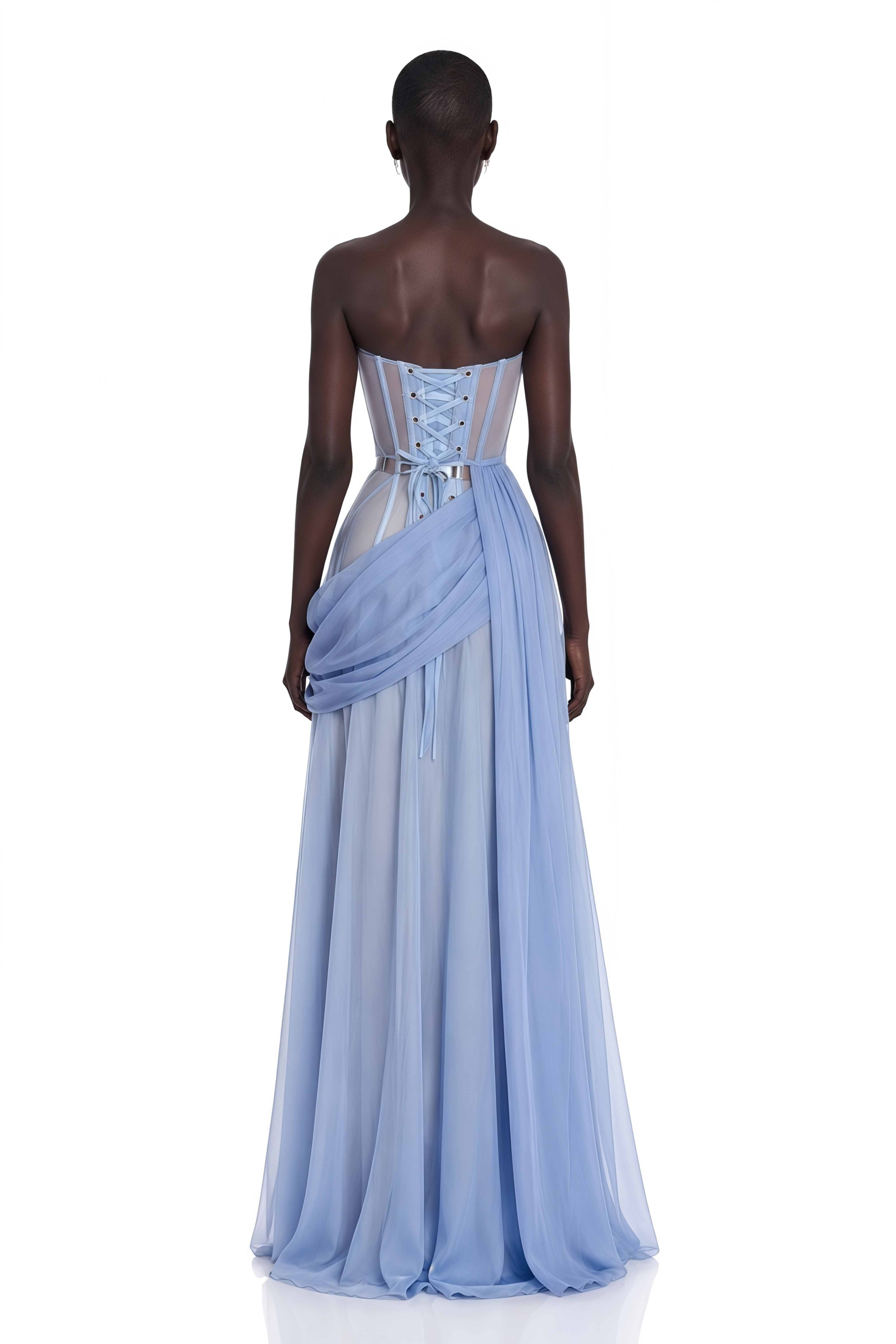 Light blue strapless corset gown with a draped sash and a gold belt