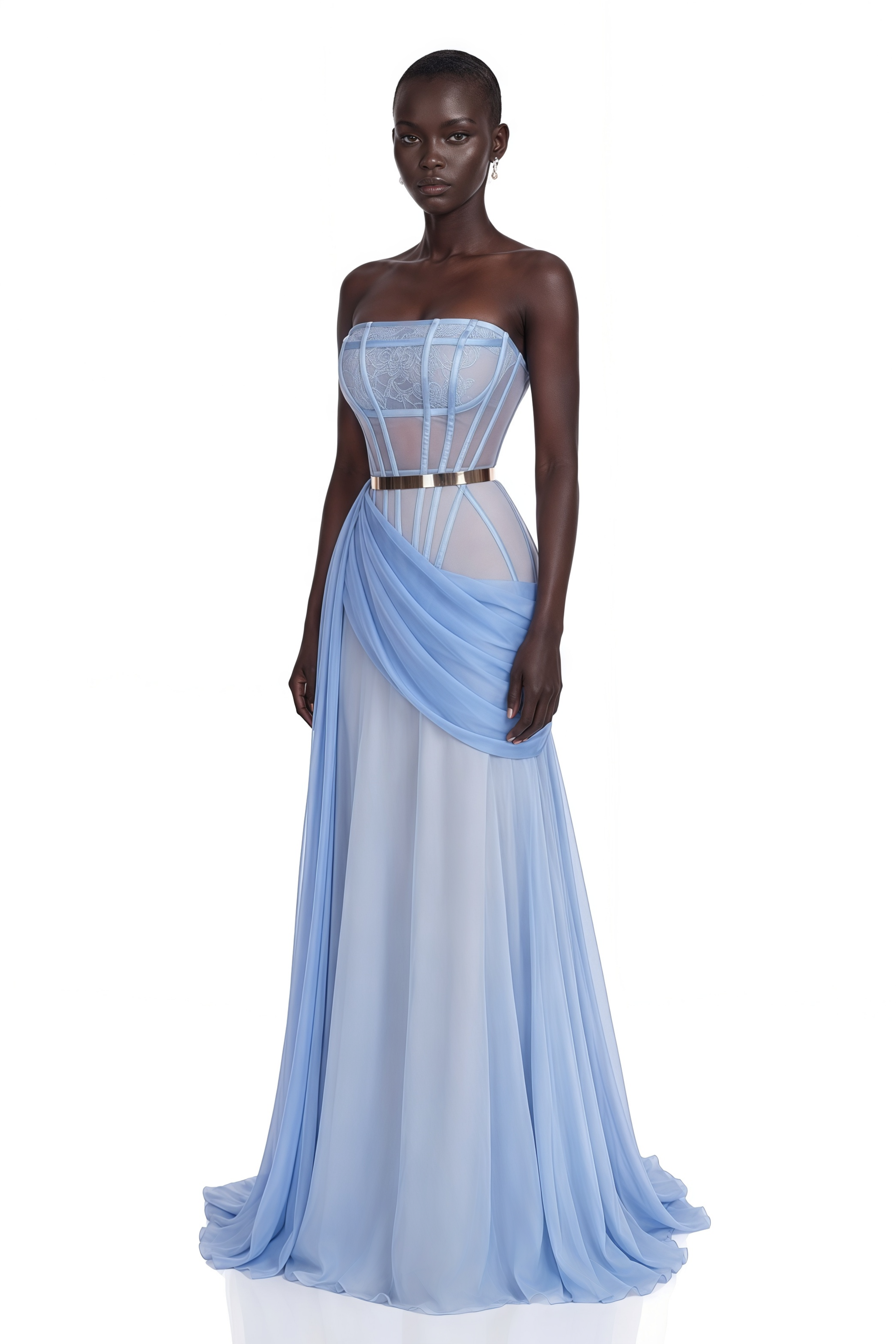 Light blue strapless corset gown with a draped sash and a gold belt