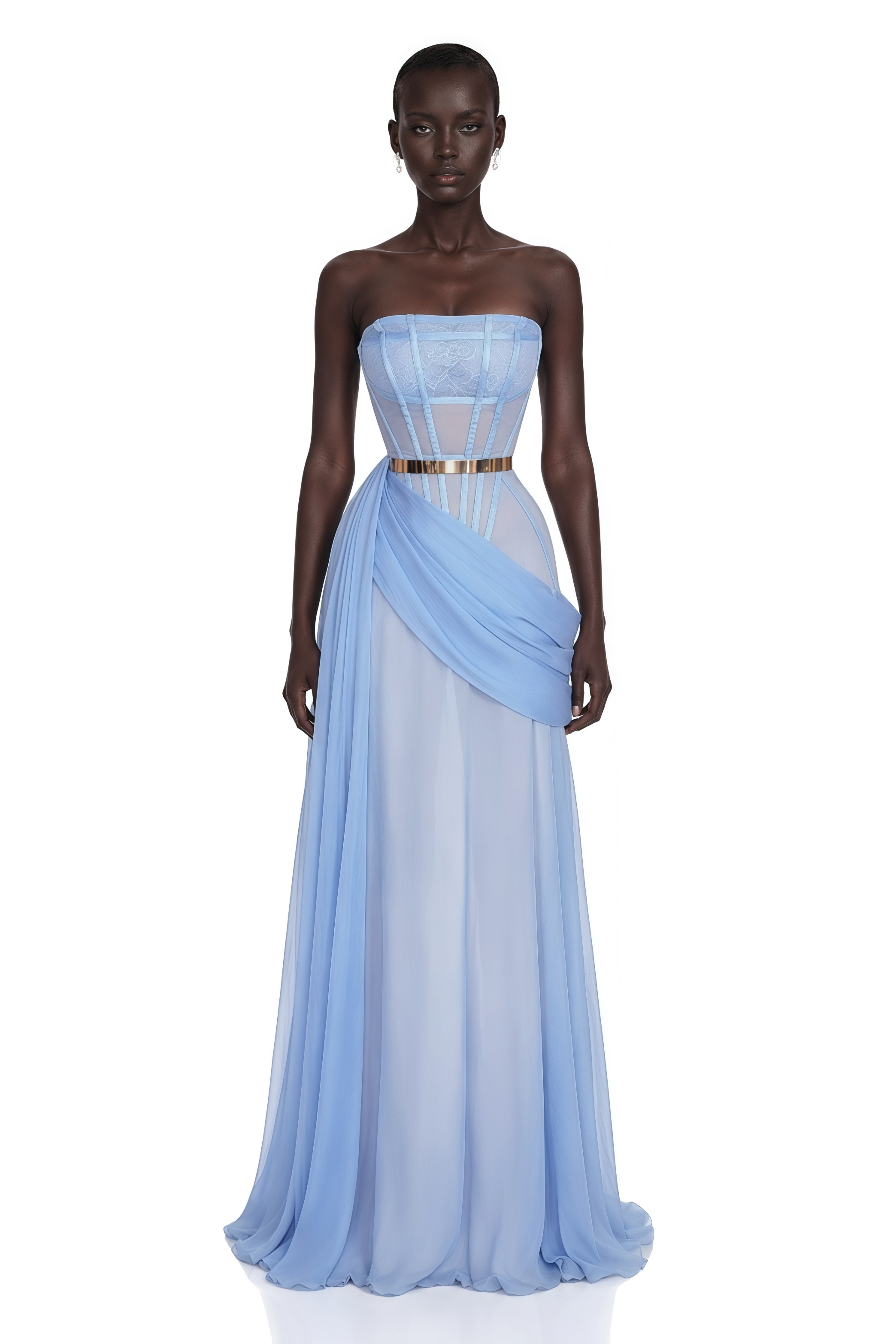 Light blue strapless corset gown with a draped sash and a gold belt
