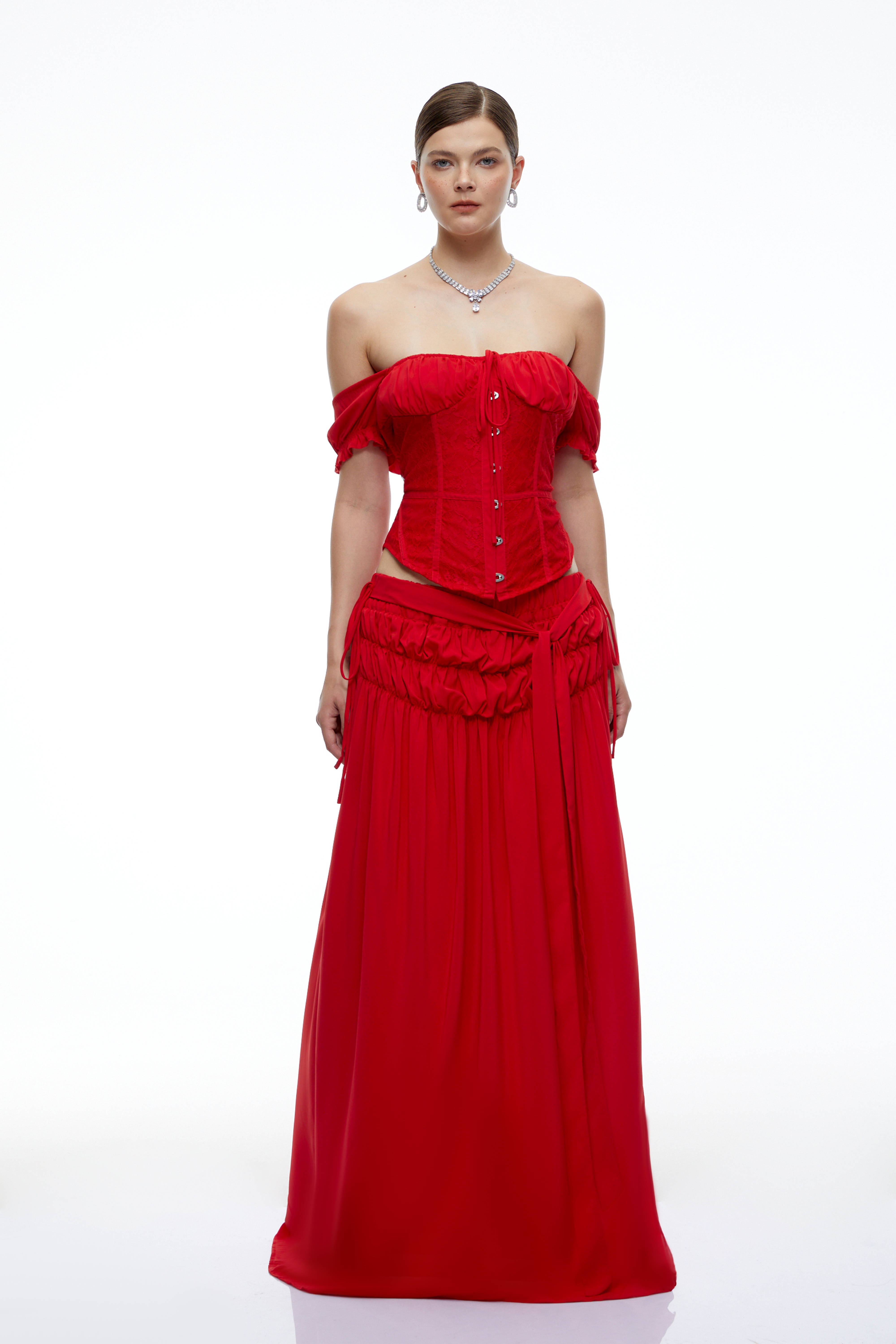 Quinn Red Off-Shoulder Corset Top & Maxi Skirt Set