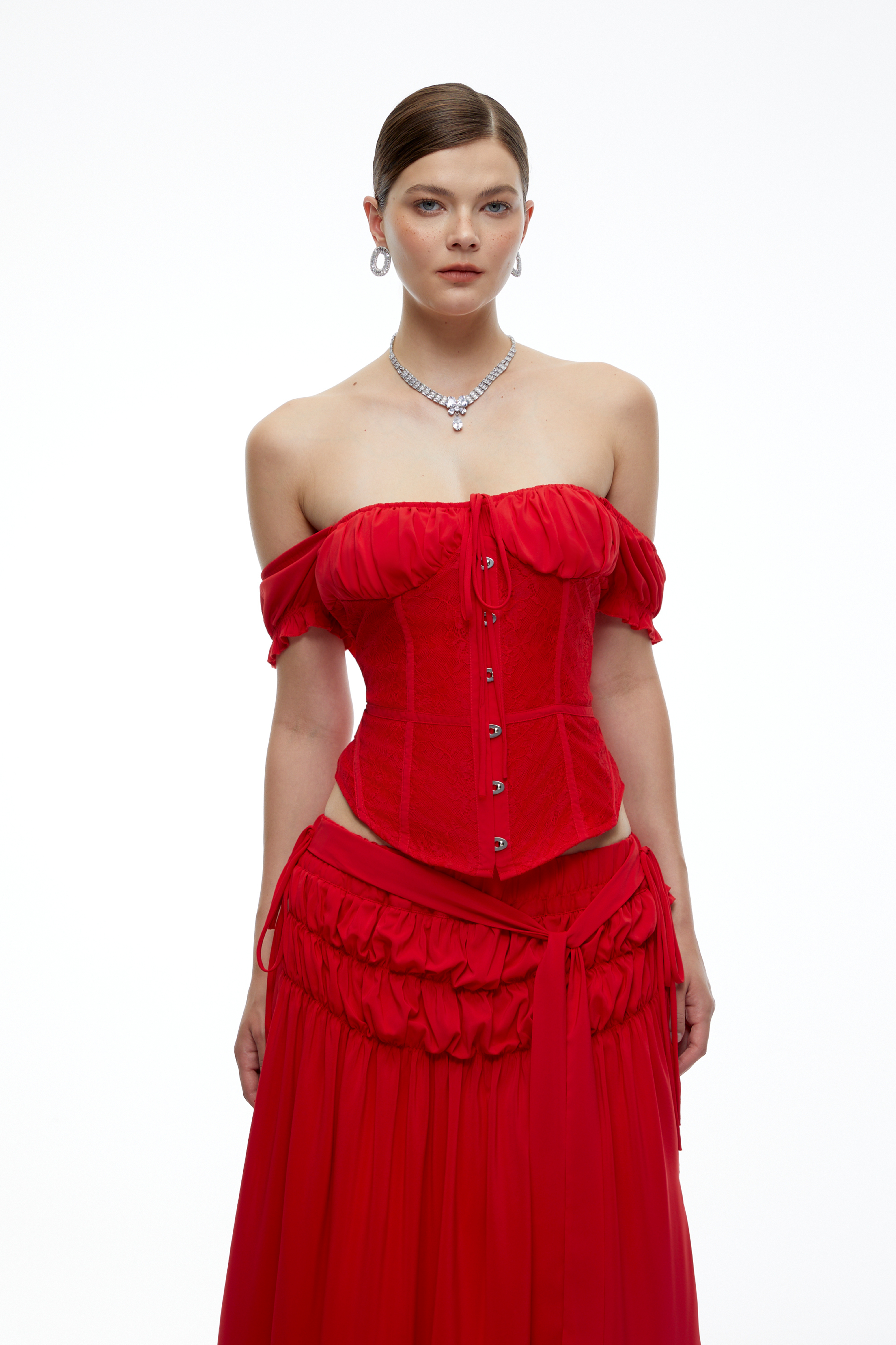 Quinn Red Off-Shoulder Corset Top & Maxi Skirt Set