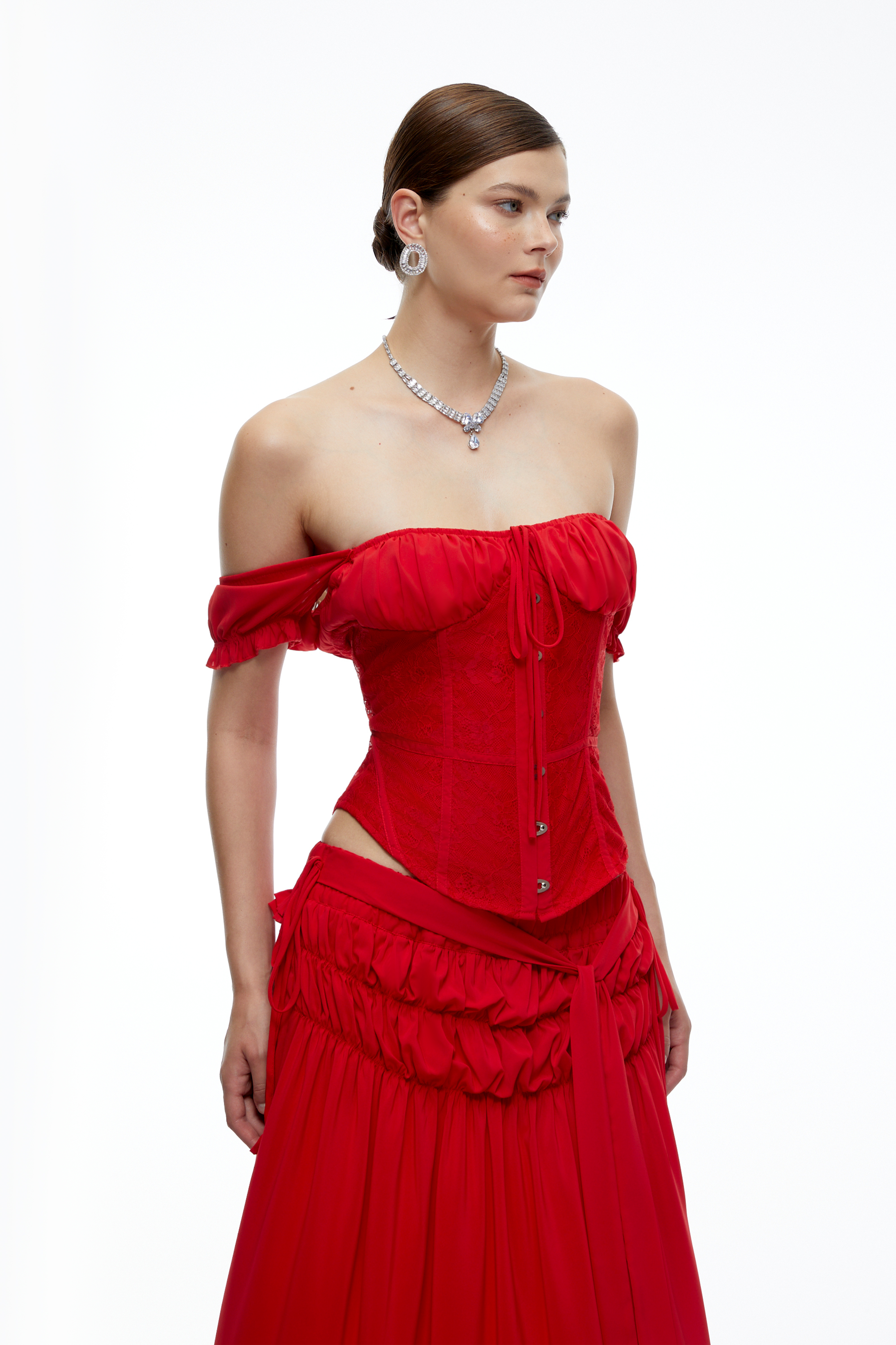 Quinn Red Off-Shoulder Corset Top & Maxi Skirt Set