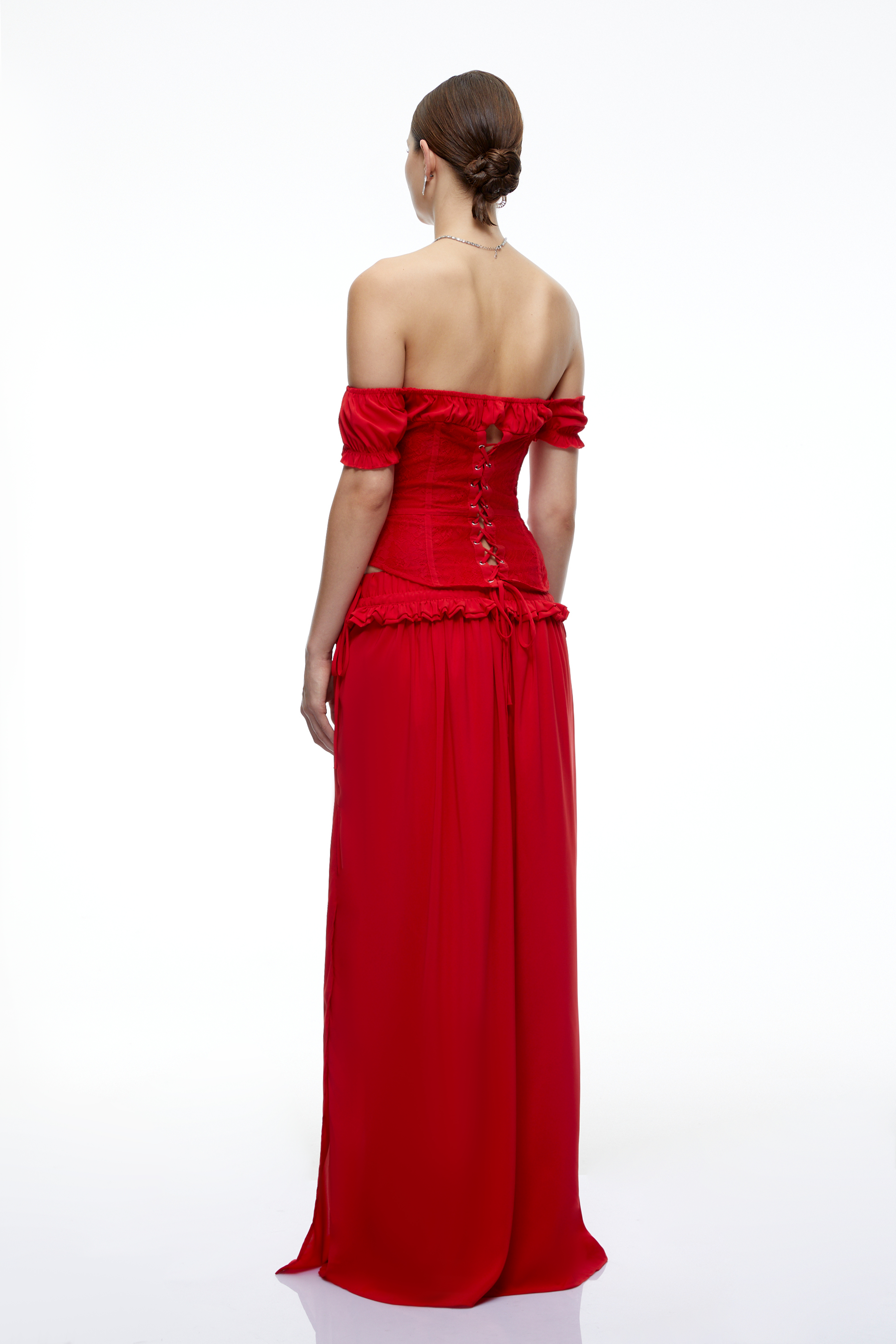 Quinn Red Off-Shoulder Corset Top & Maxi Skirt Set