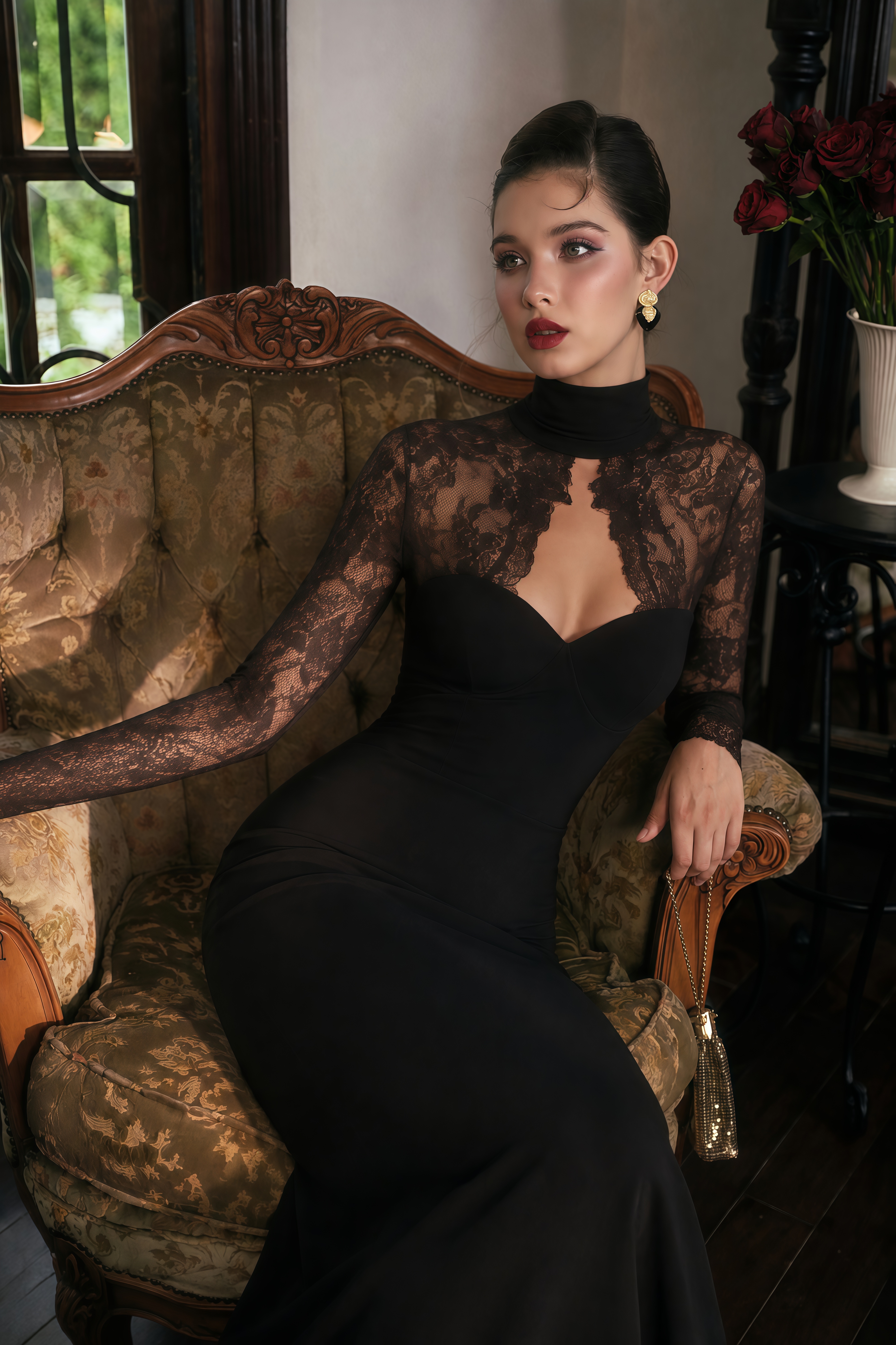 Quitterie Black Lace Panel Maxi Dress