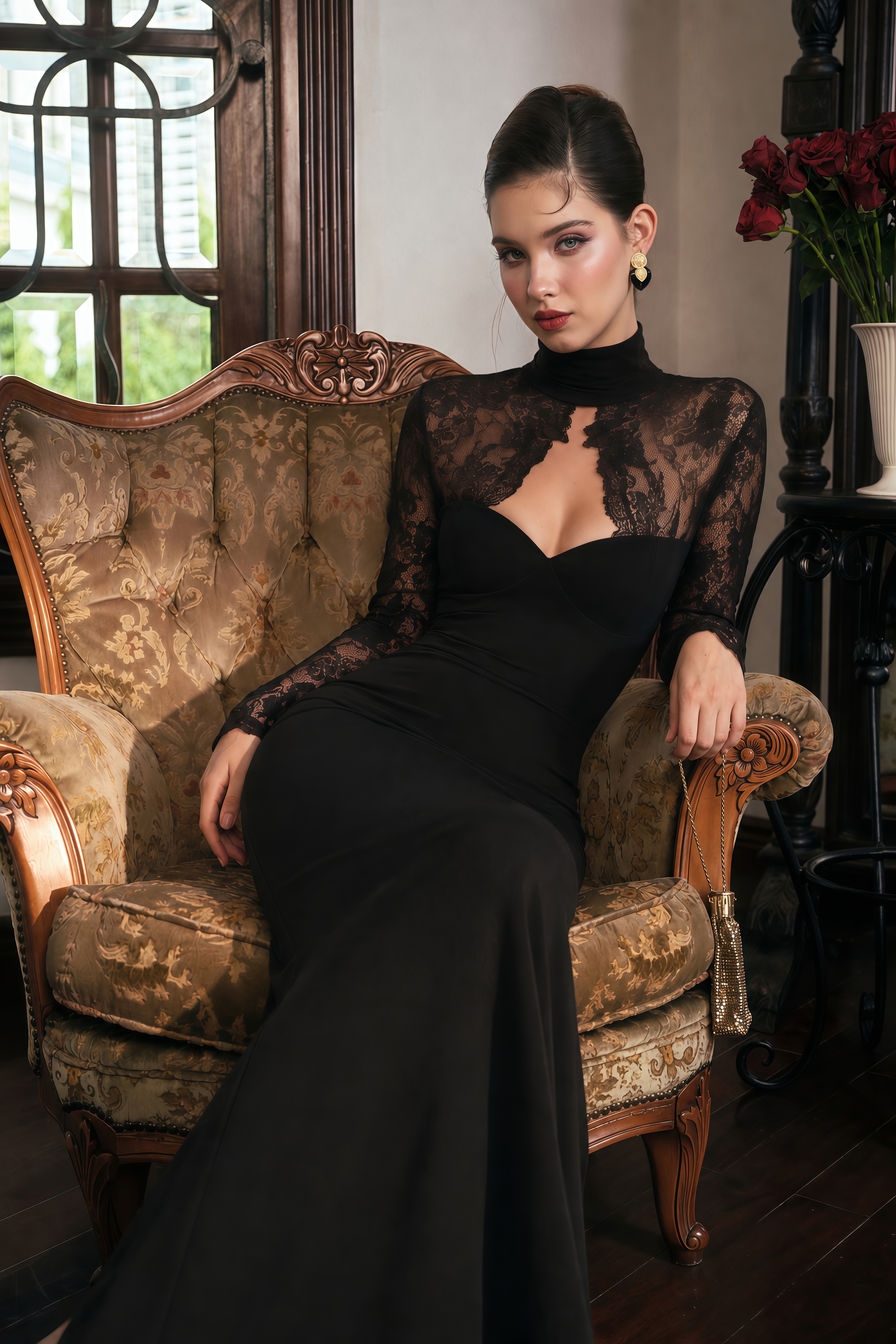 Quitterie Black Lace Panel Maxi Dress