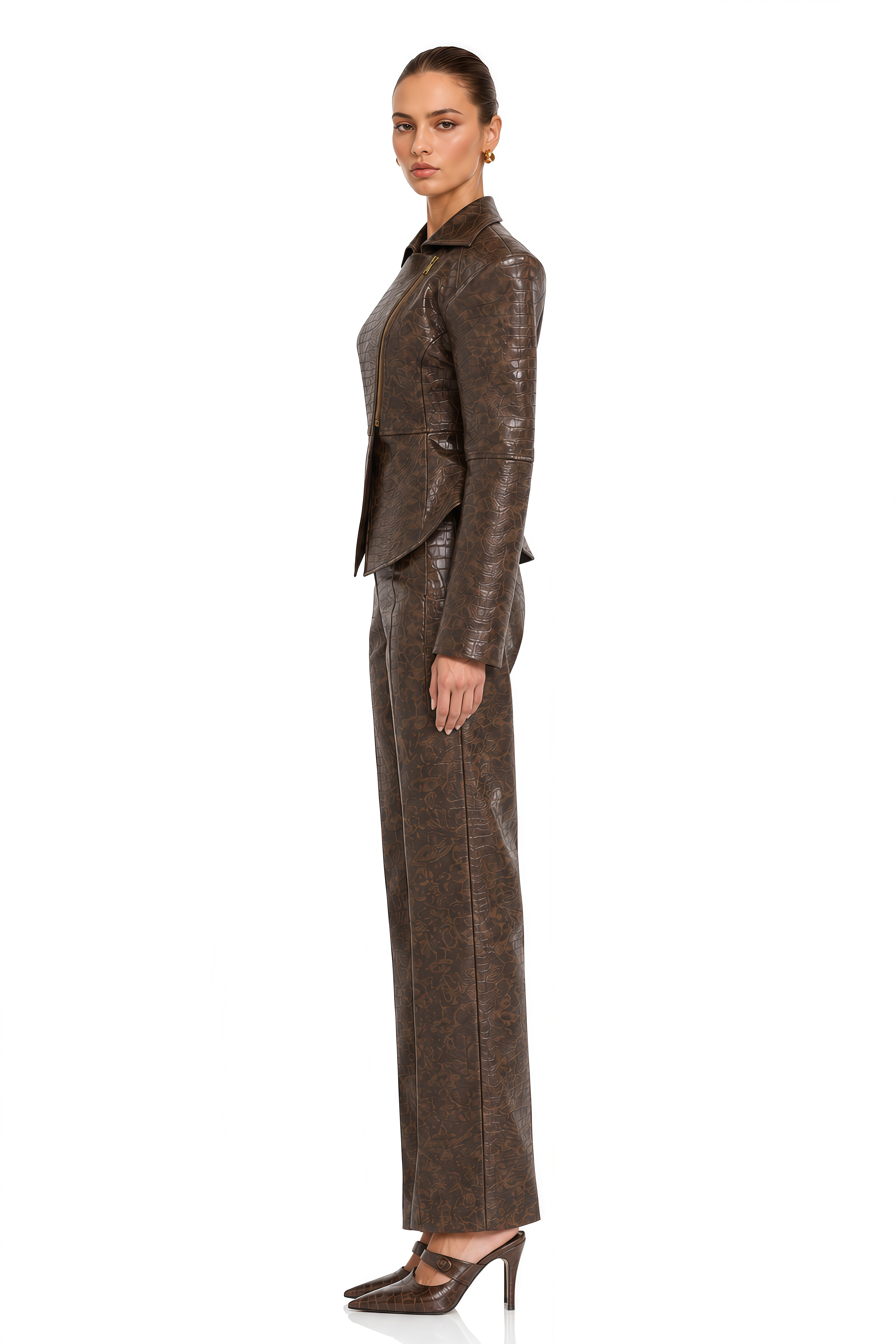 Rabaab Brown Croc-Effect Structured Peplum Jacket