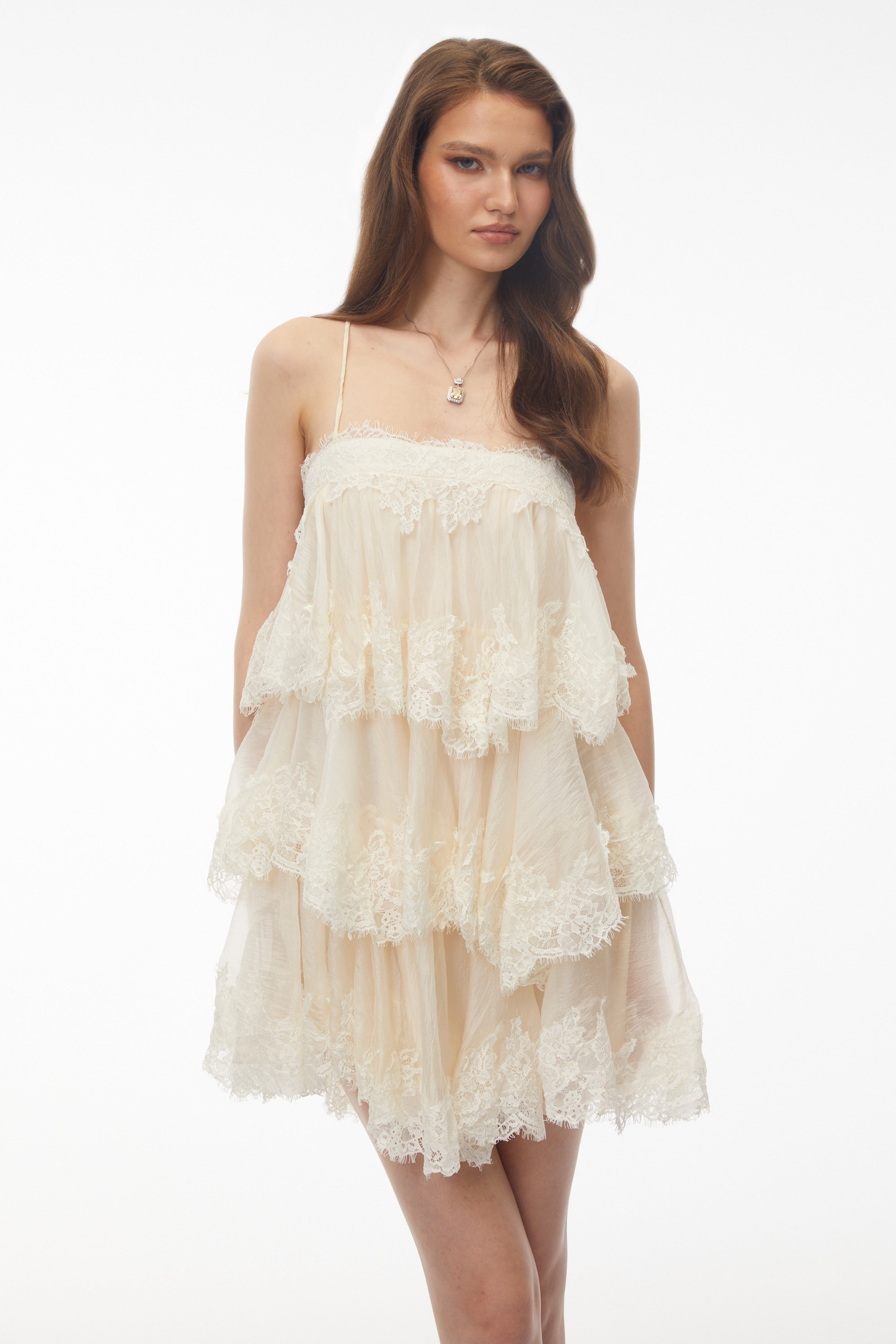 Cream Lace Tiered Mini Dress with Spaghetti Straps and Scalloped Edges