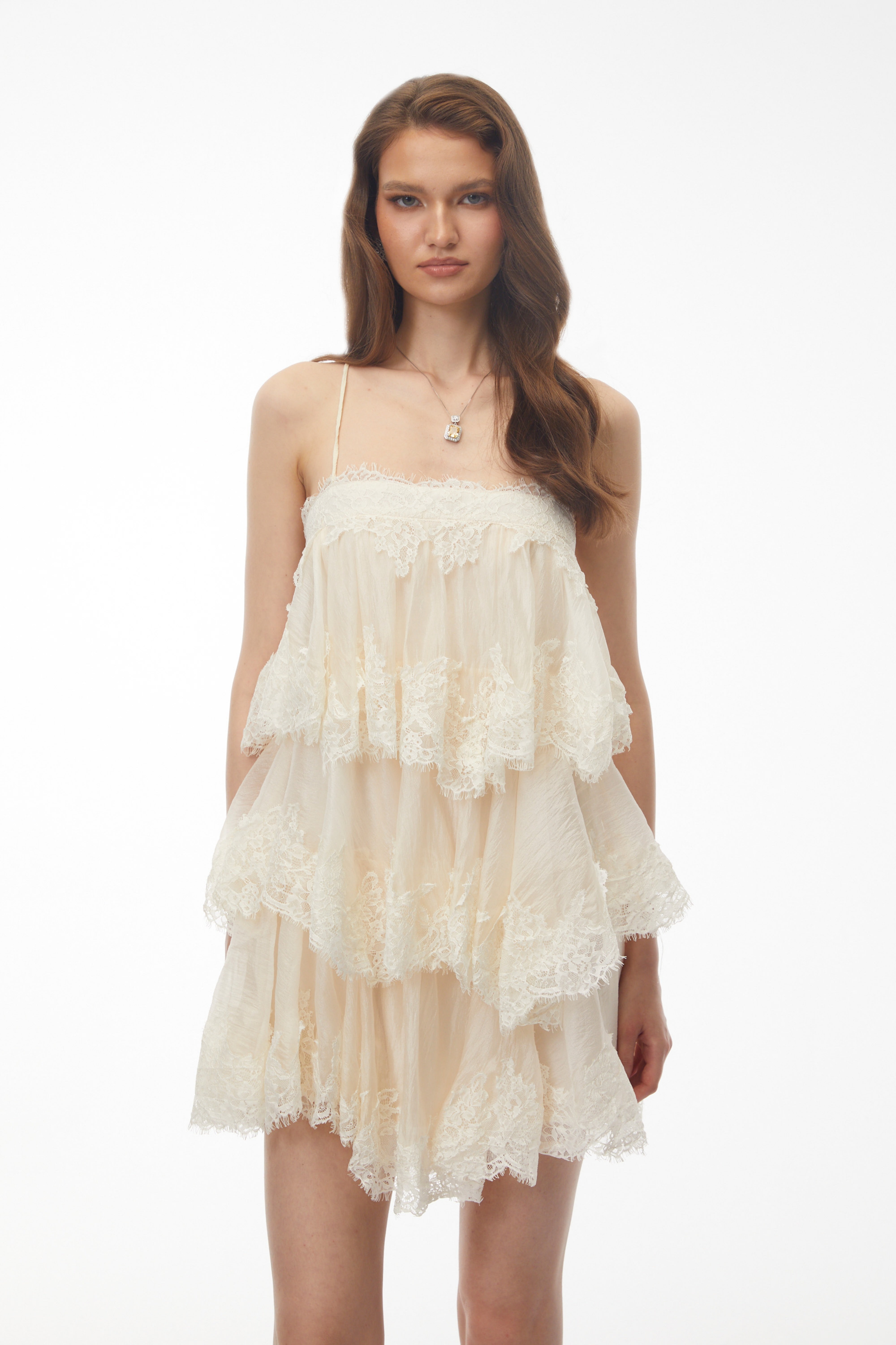 Cream Lace Tiered Mini Dress with Spaghetti Straps and Scalloped Edges