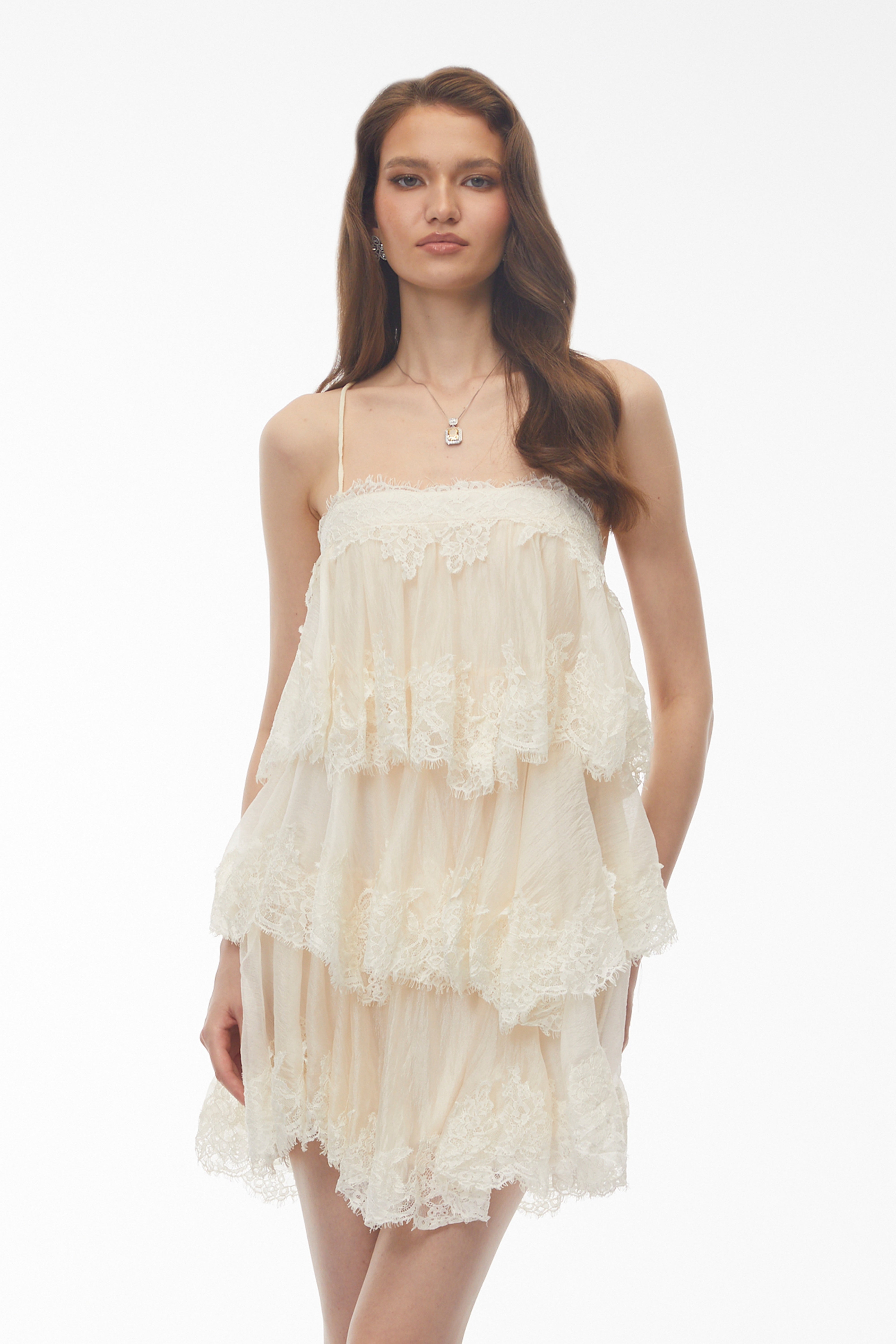 Cream Lace Tiered Mini Dress with Spaghetti Straps and Scalloped Edges