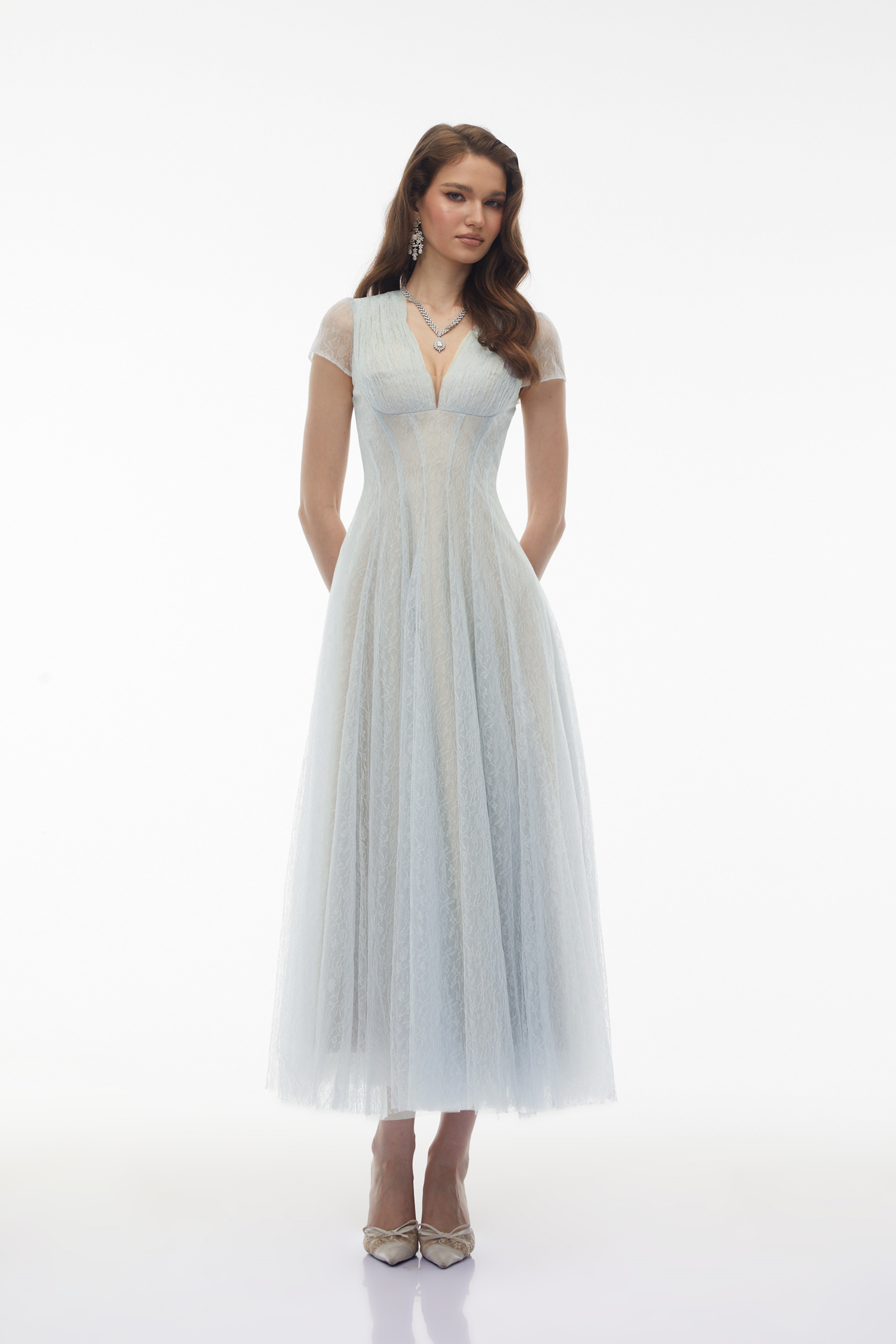 Radiya Blue Floral Lace Pleated Maxi Dress