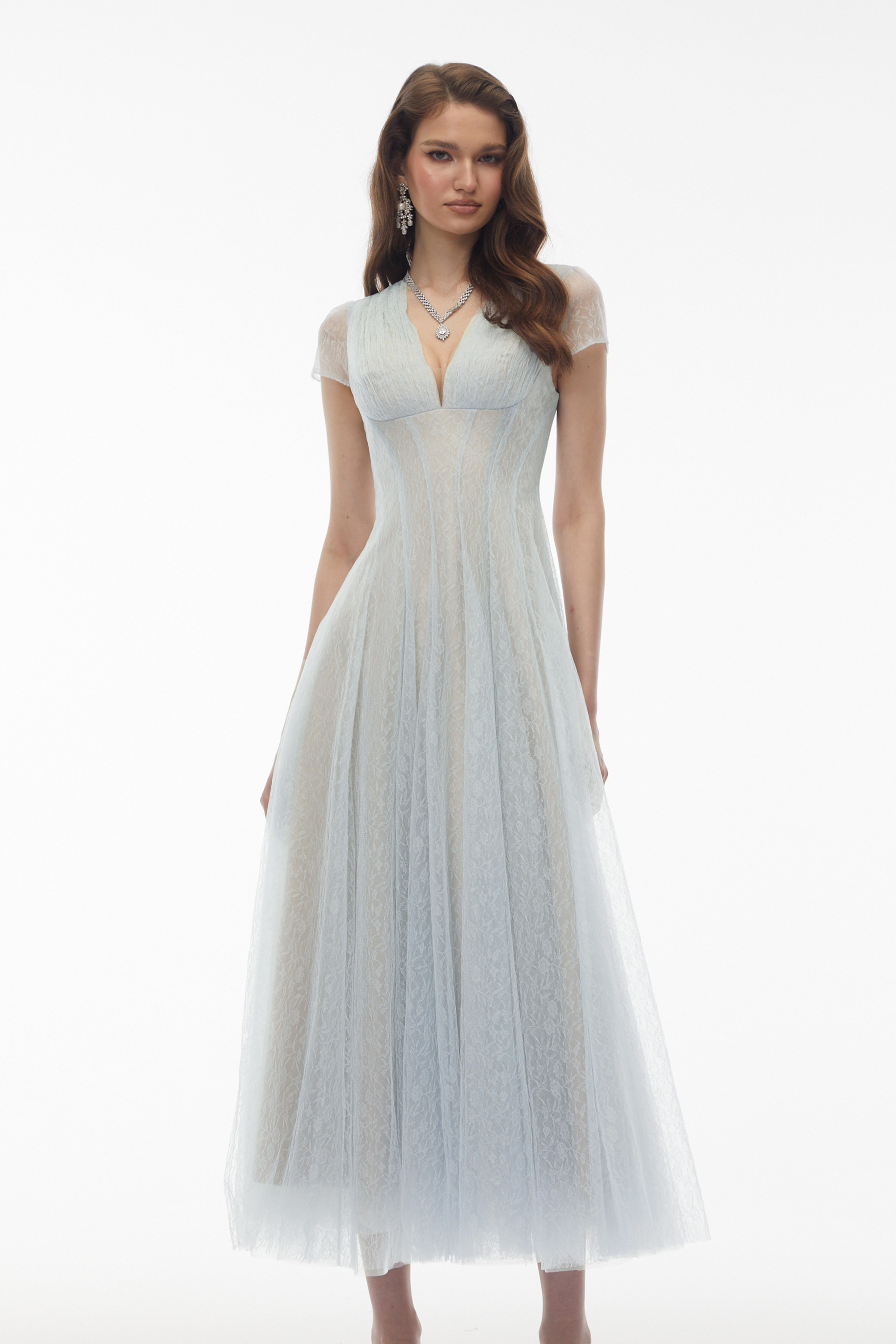 Radiya Blue Floral Lace Pleated Maxi Dress