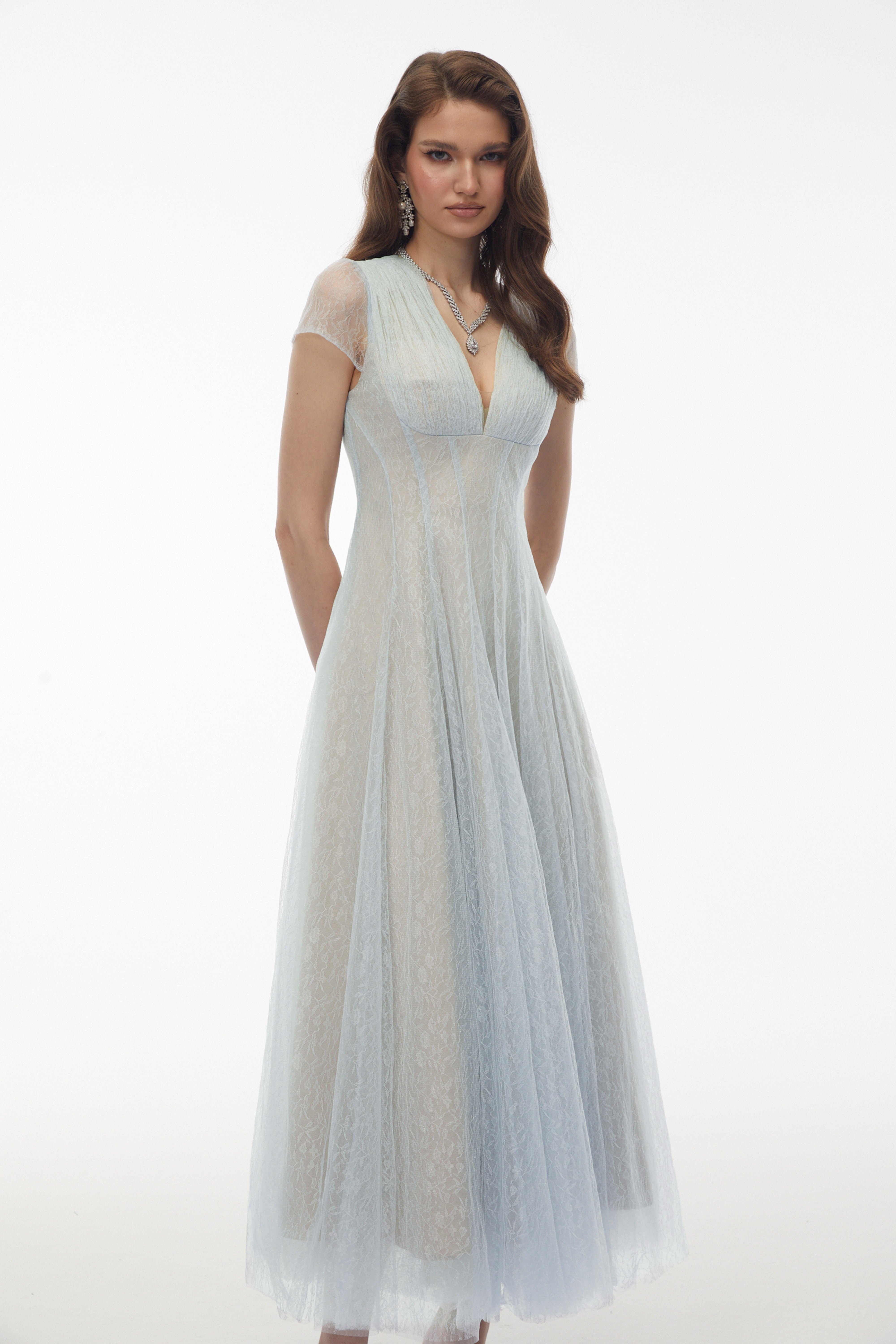 Radiya Blue Floral Lace Pleated Maxi Dress