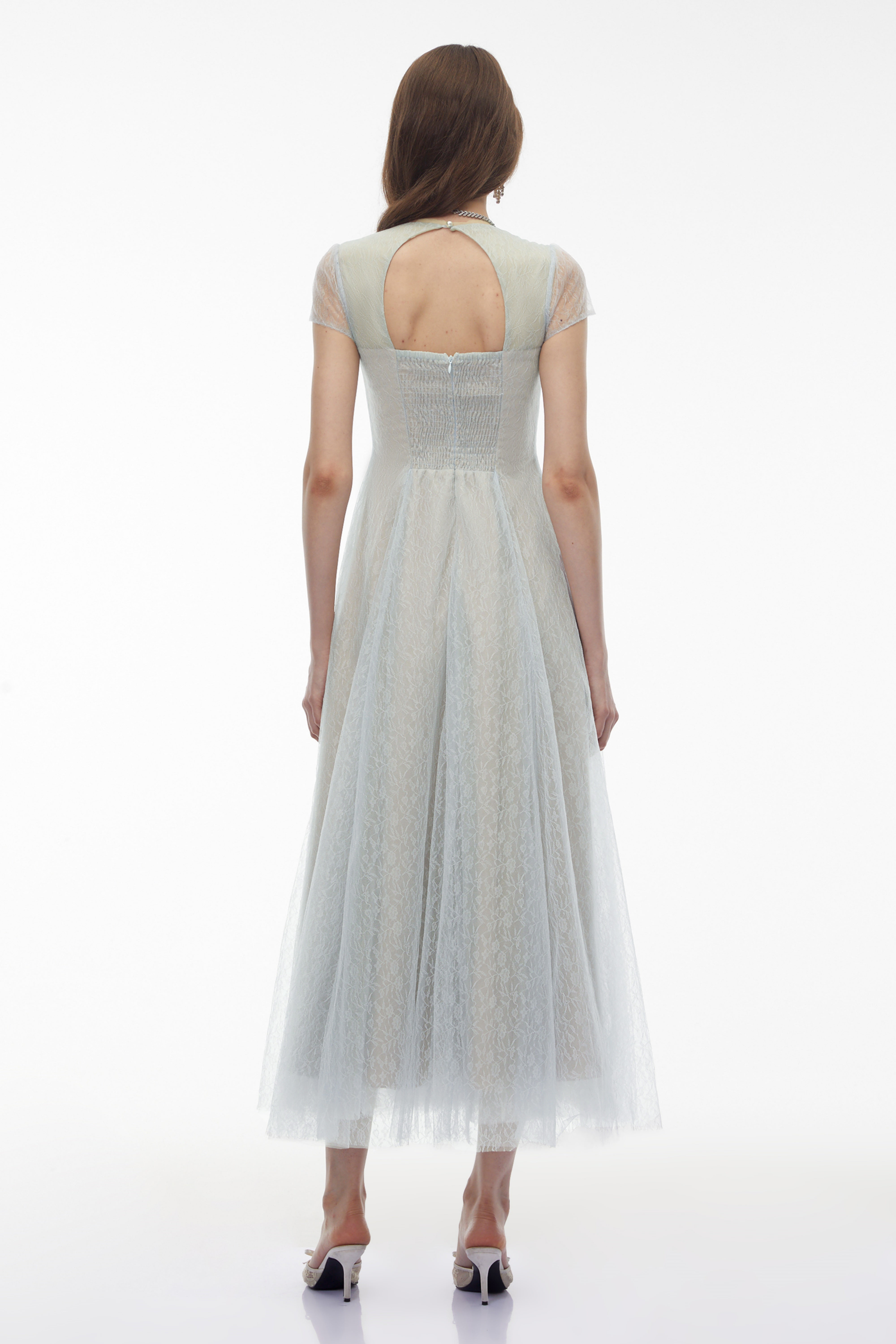 Radiya Blue Floral Lace Pleated Maxi Dress