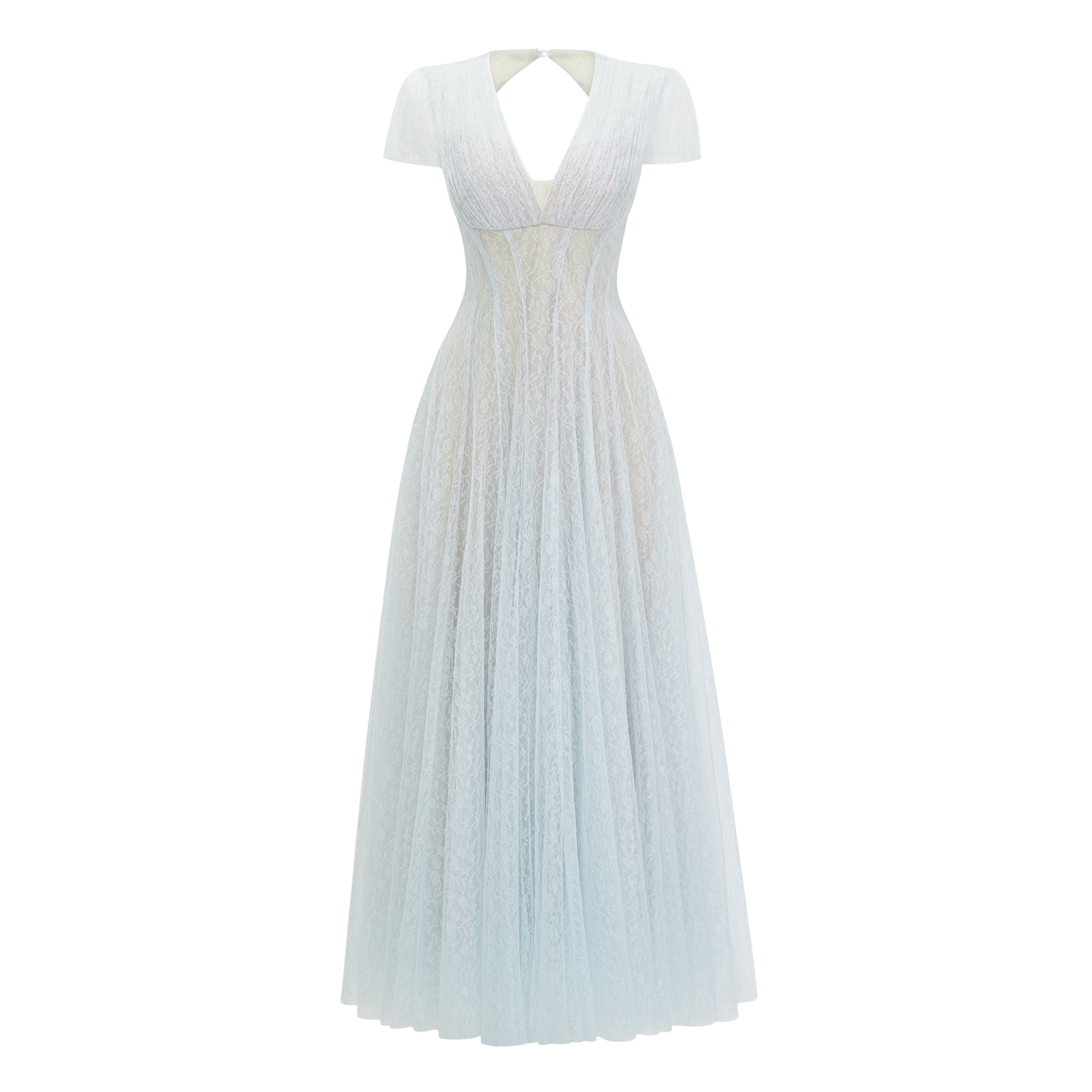 Radiya Blue Floral Lace Pleated Maxi Dress