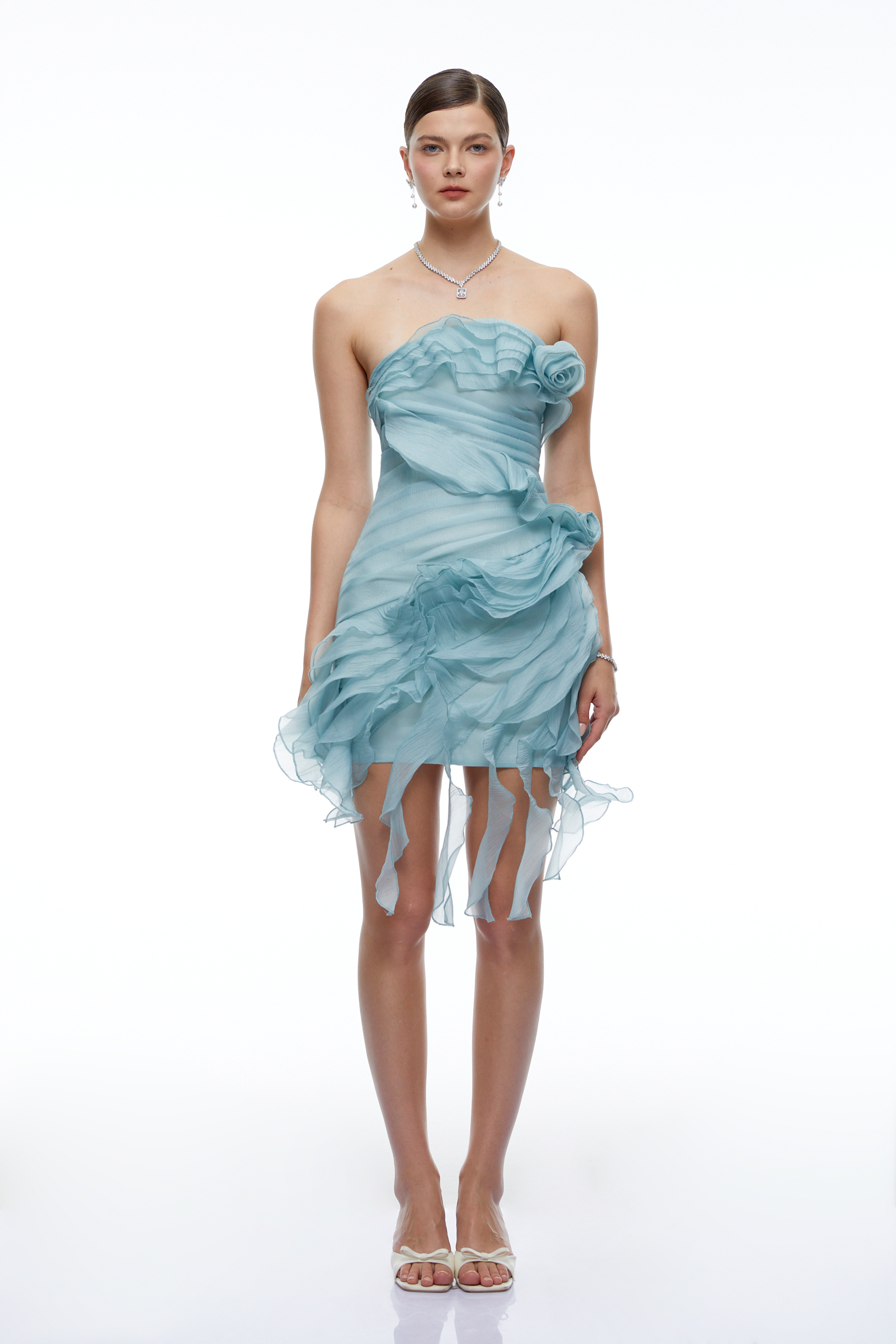 Radka Green Ruffled Mini Dress with 3D Floral Appliqué