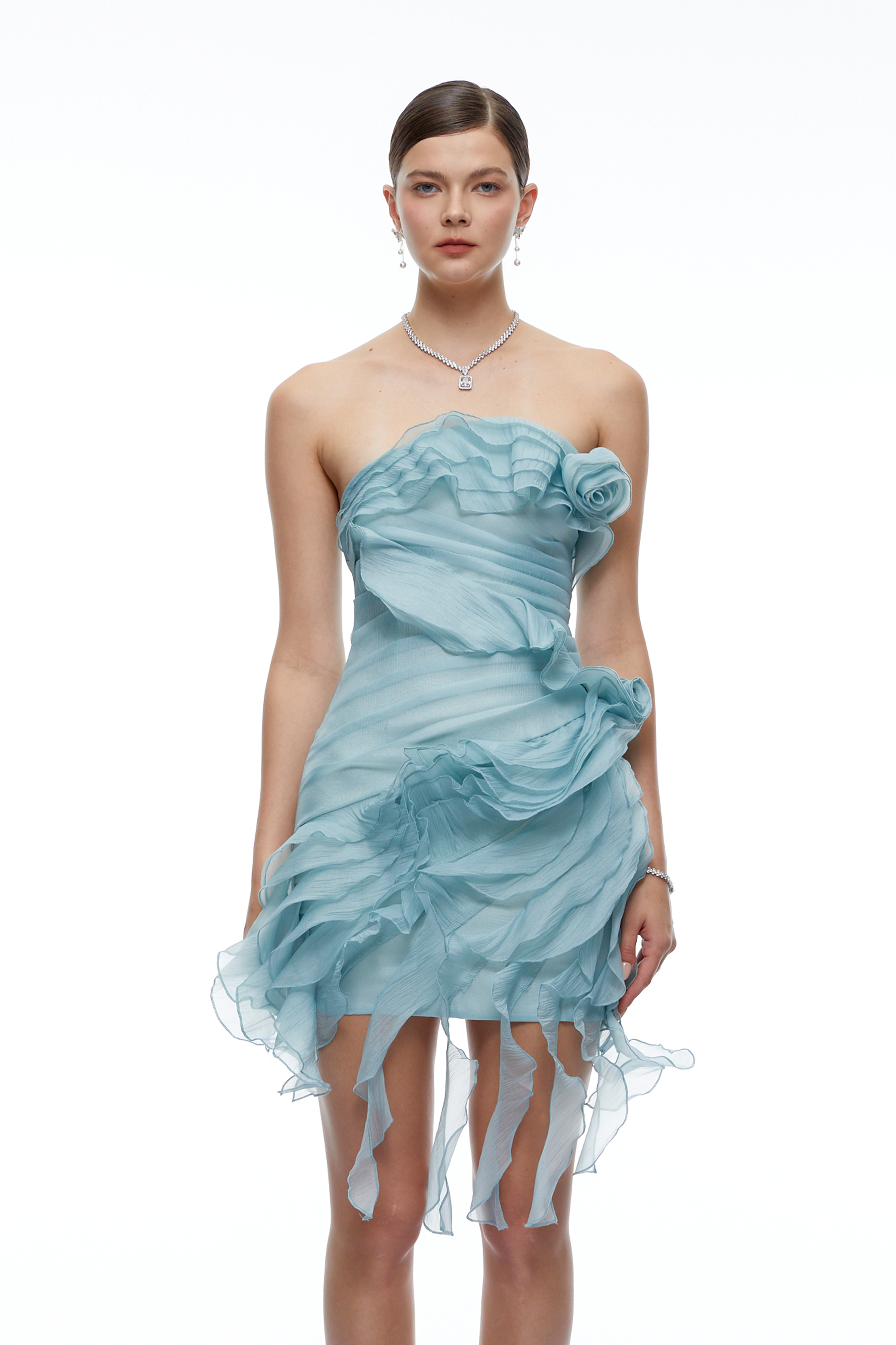 Radka Green Ruffled Mini Dress with 3D Floral Appliqué