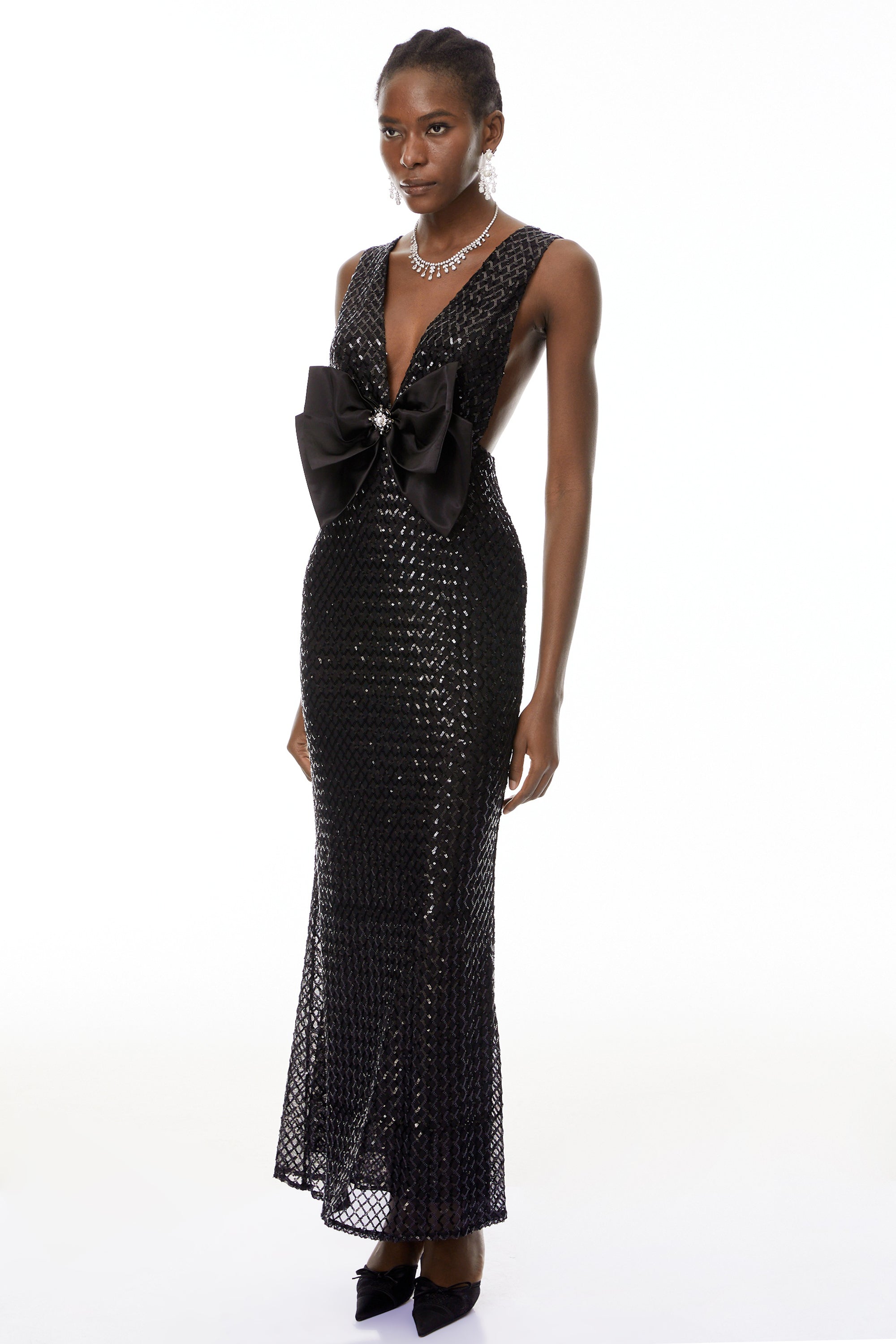 Black Deep V-Neck Bodycon Maxi Dress