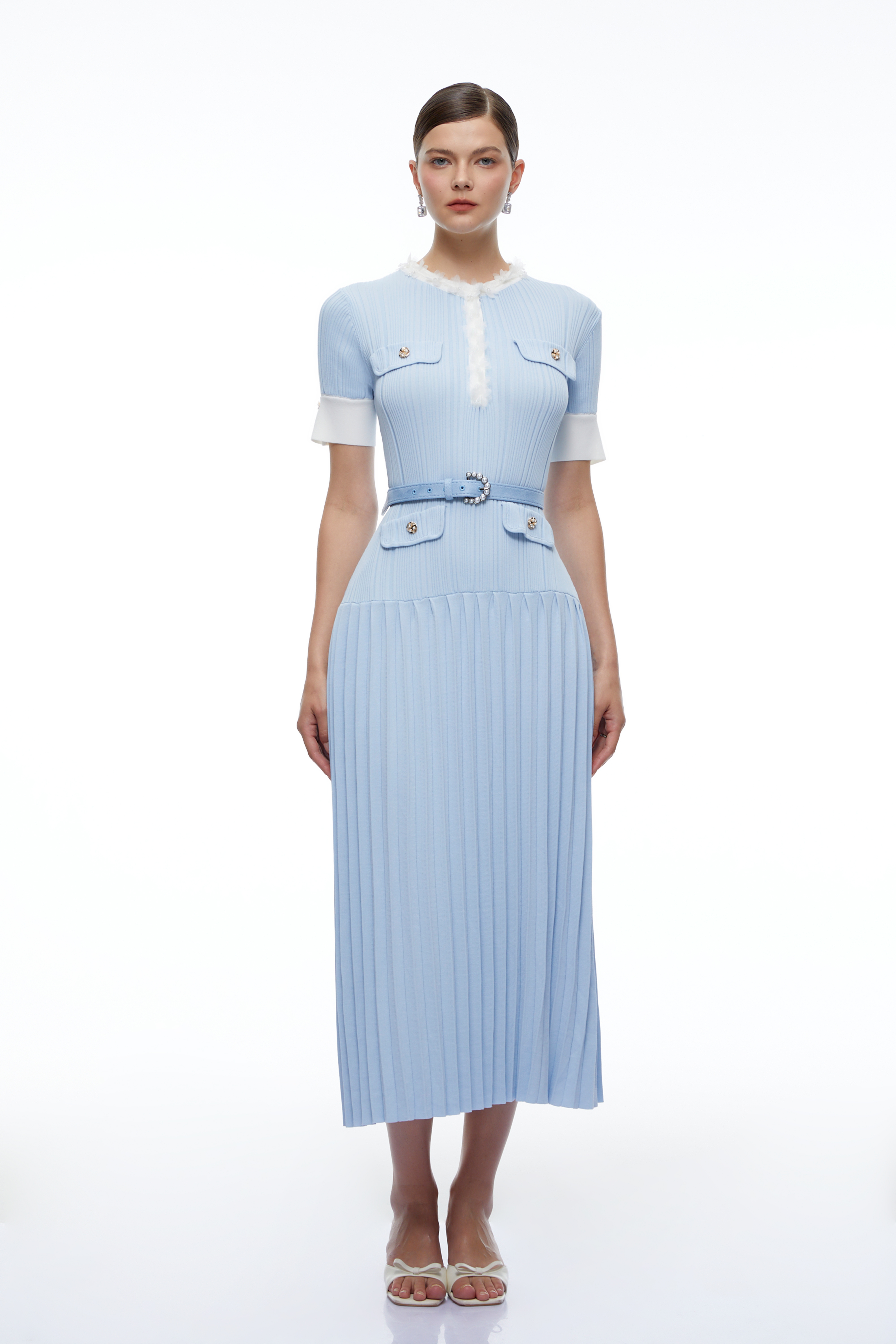 Raffaella Blue Knitted 3D Floral Midi Dress