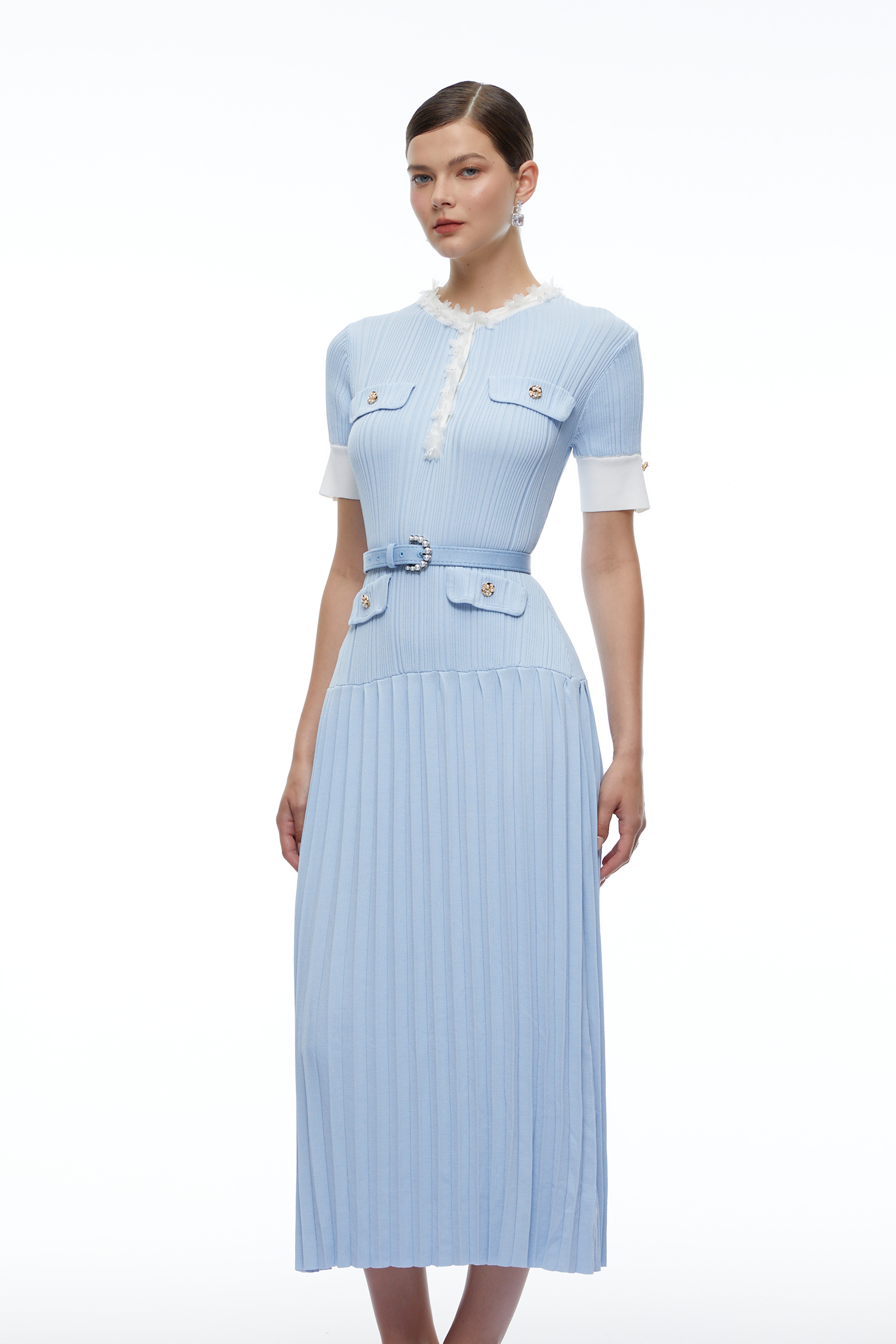 Raffaella Blue Knitted 3D Floral Midi Dress