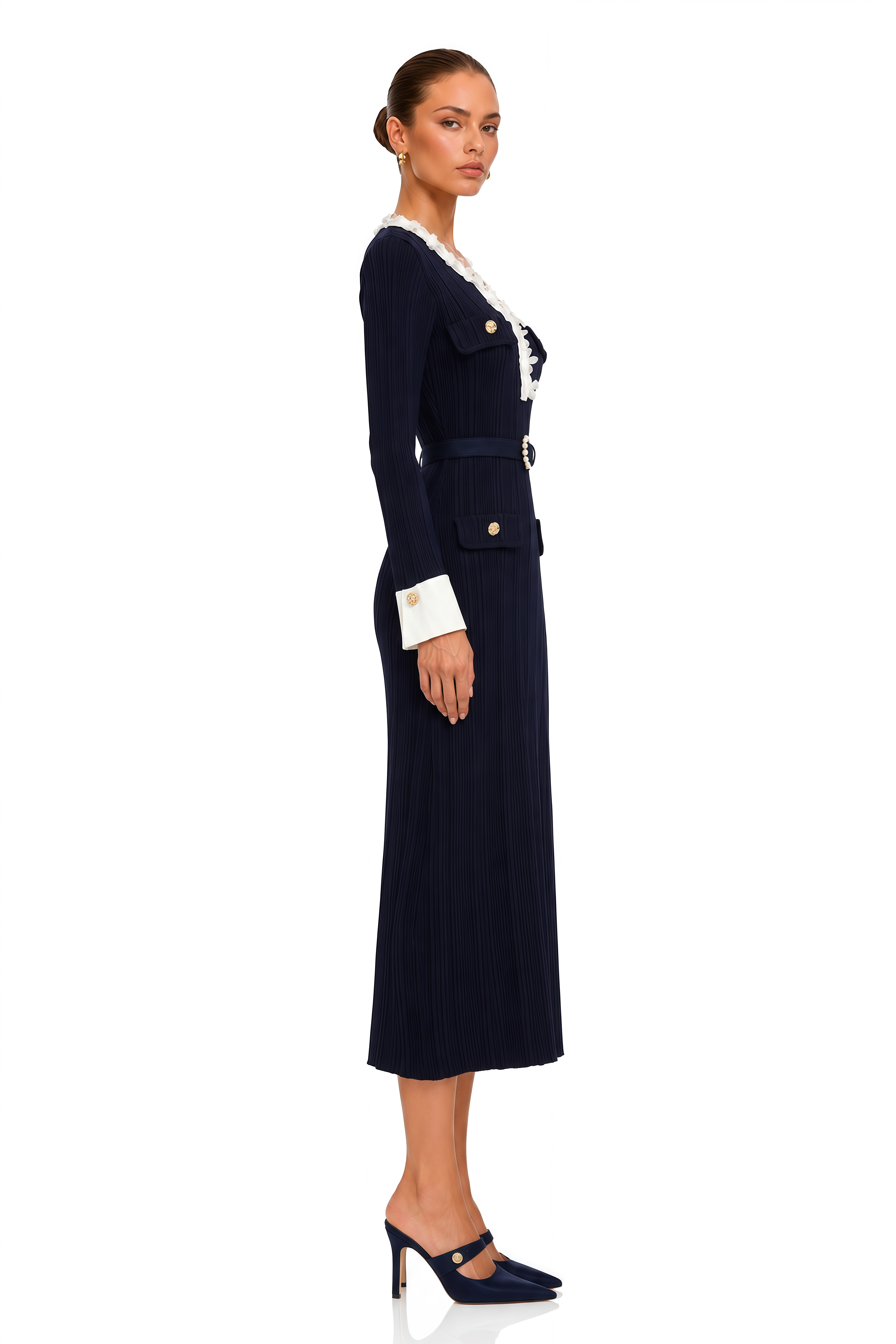 Raffaella Navy Blue Contrast Ruffle Trim Ribbed Knit Midi Dress