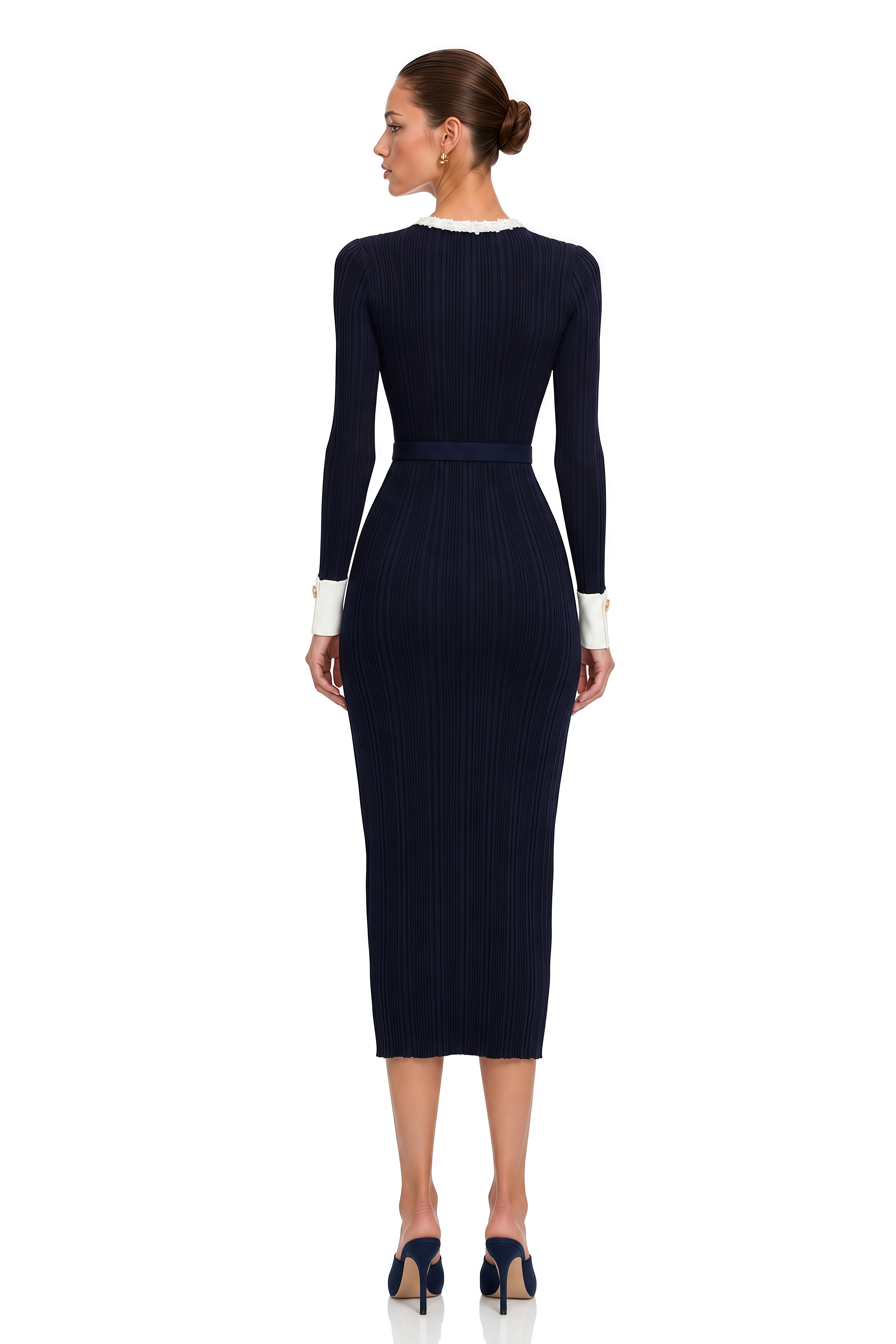 Raffaella Navy Blue Contrast Ruffle Trim Ribbed Knit Midi Dress