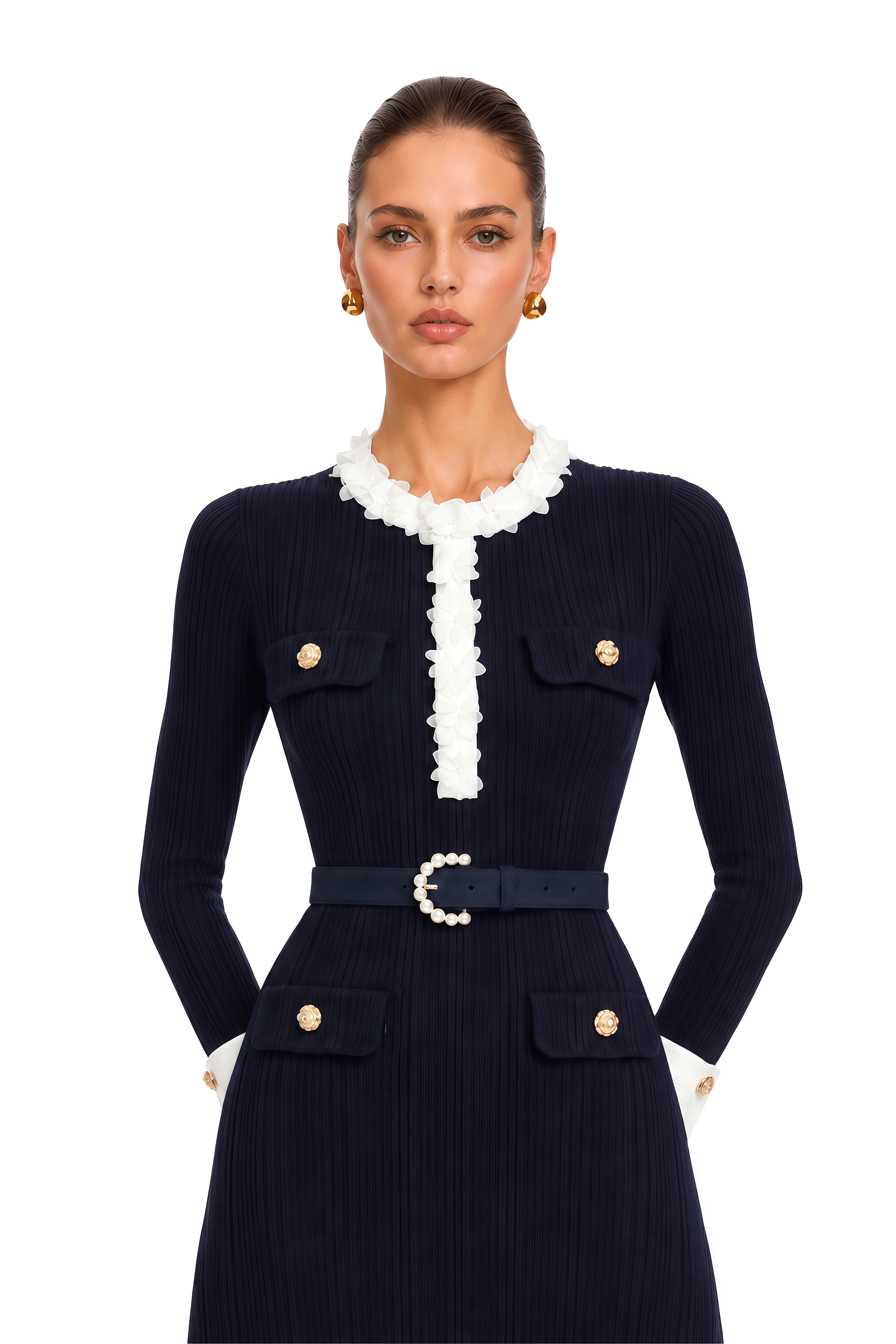 Raffaella Navy Blue Contrast Ruffle Trim Ribbed Knit Midi Dress