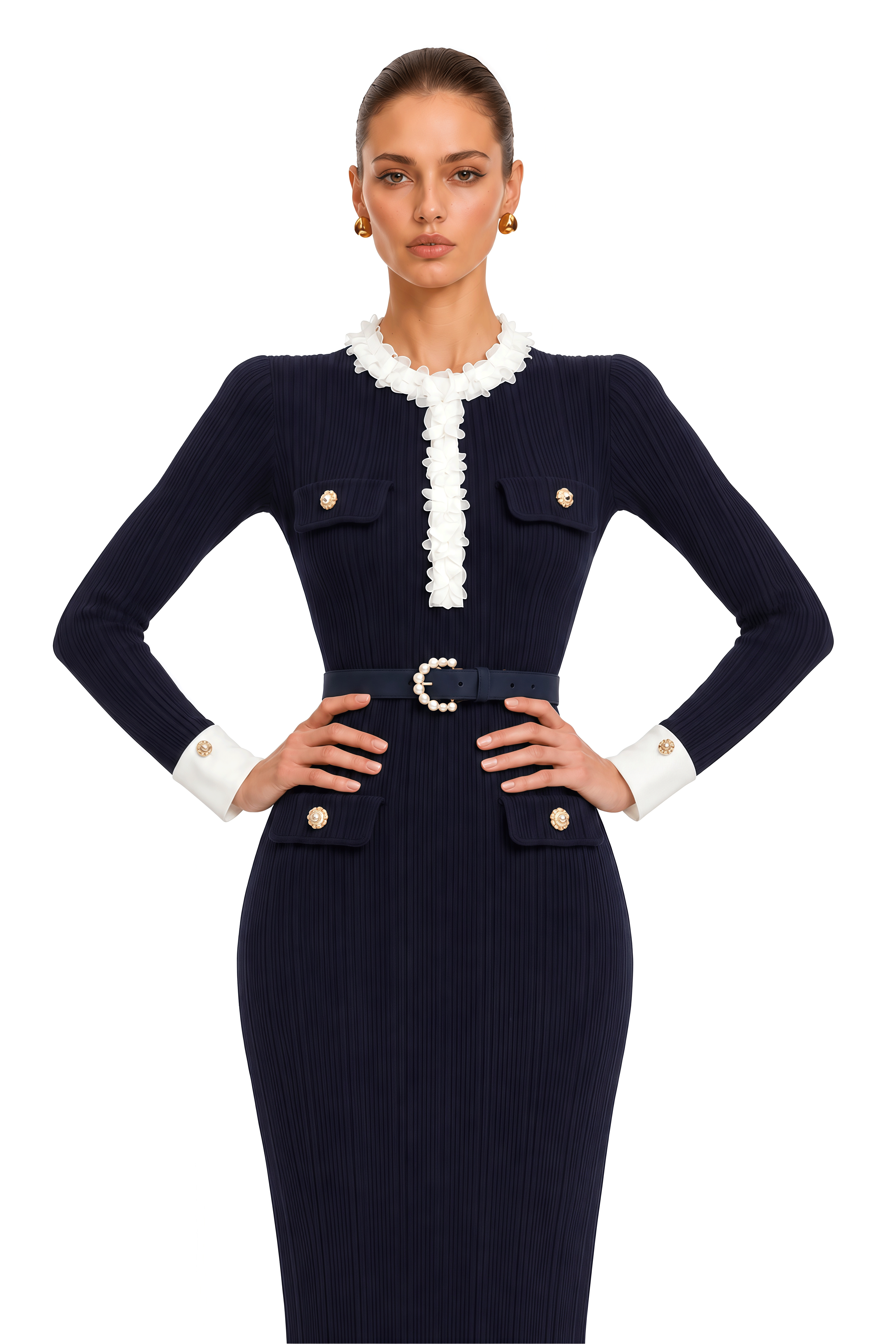 Raffaella Navy Blue Contrast Ruffle Trim Ribbed Knit Midi Dress