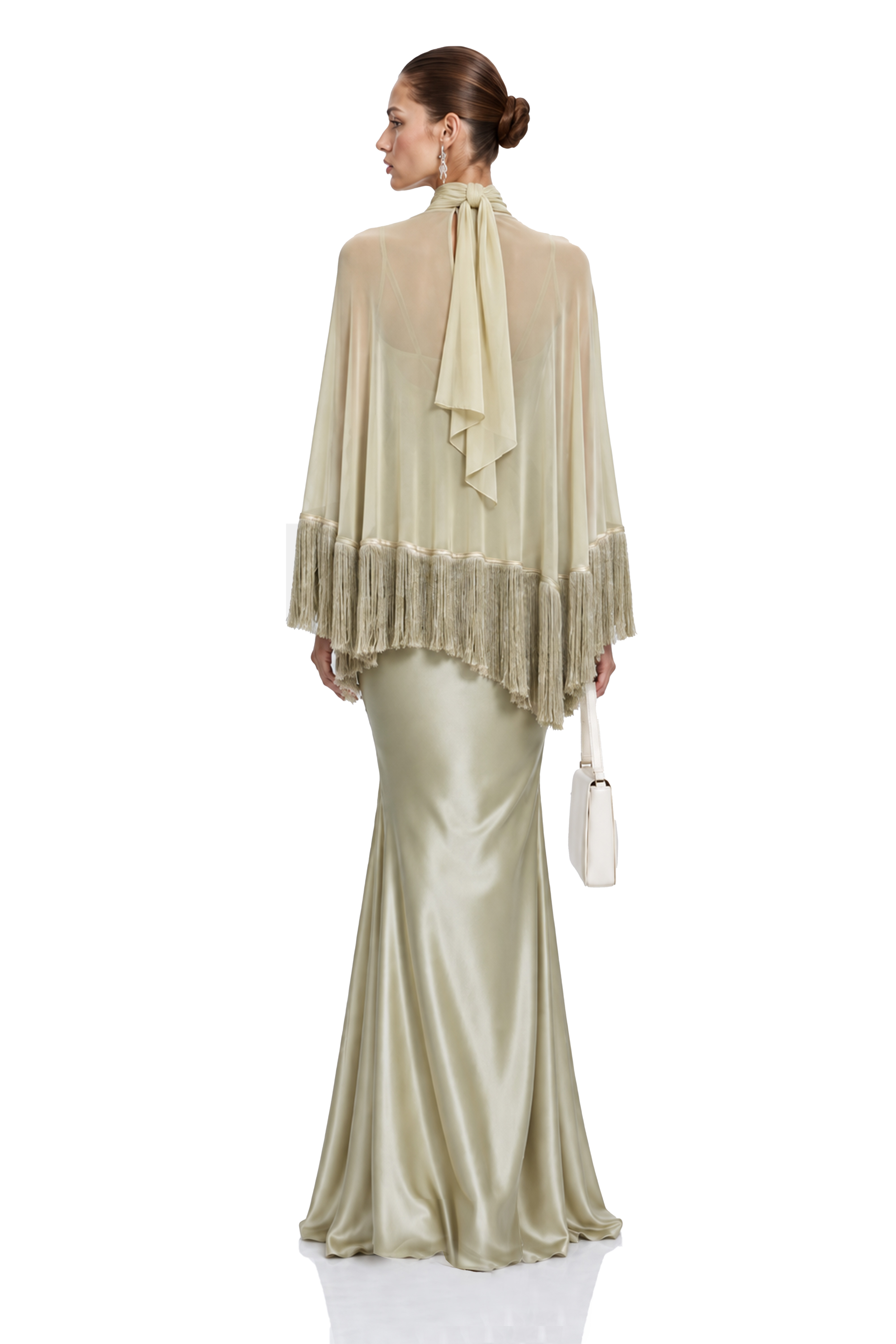 Ravena Sage Green Fringe Cape Top & Maxi Dress Set