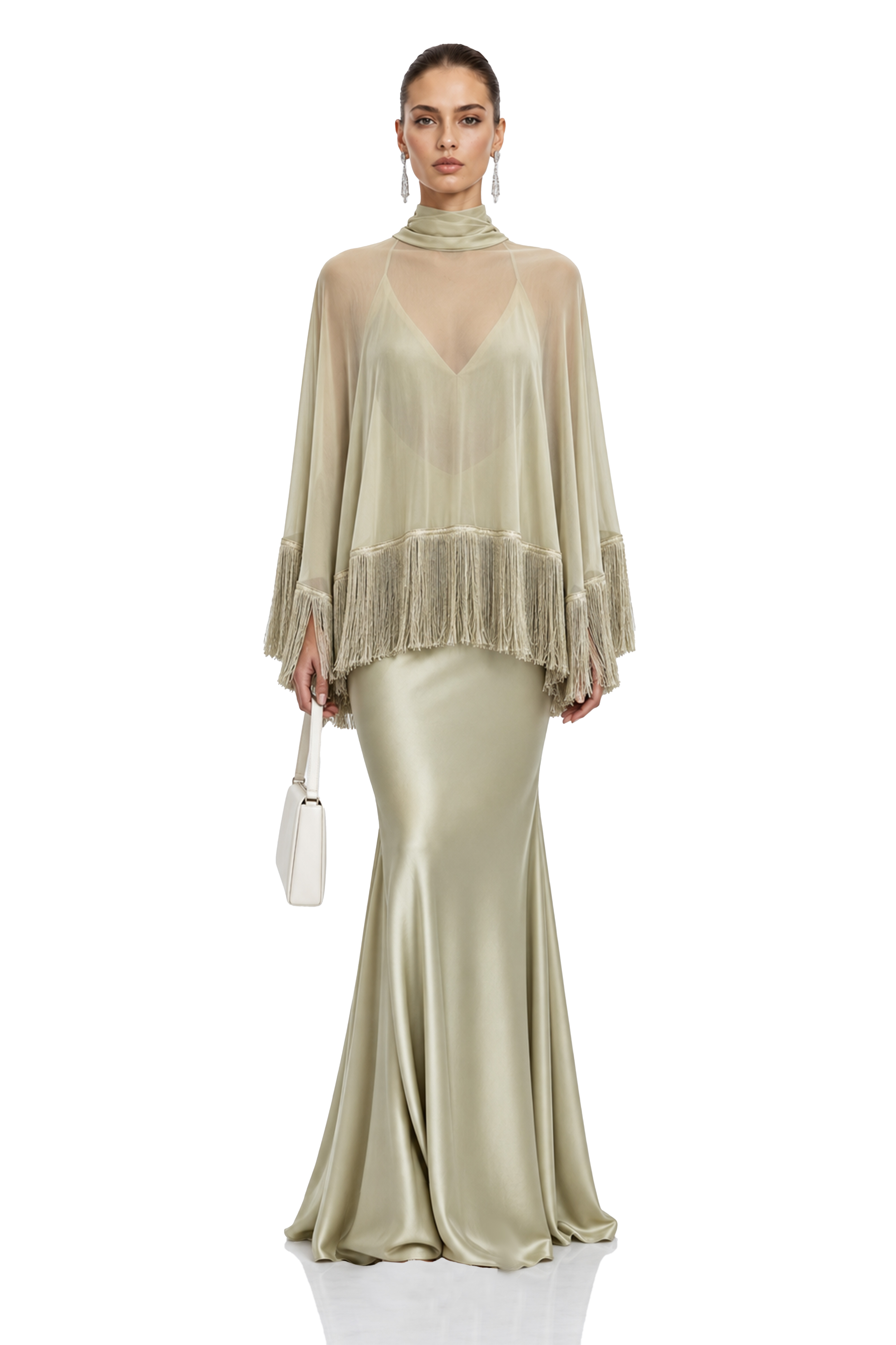 Ravena Sage Green Fringe Cape Top & Maxi Dress Set