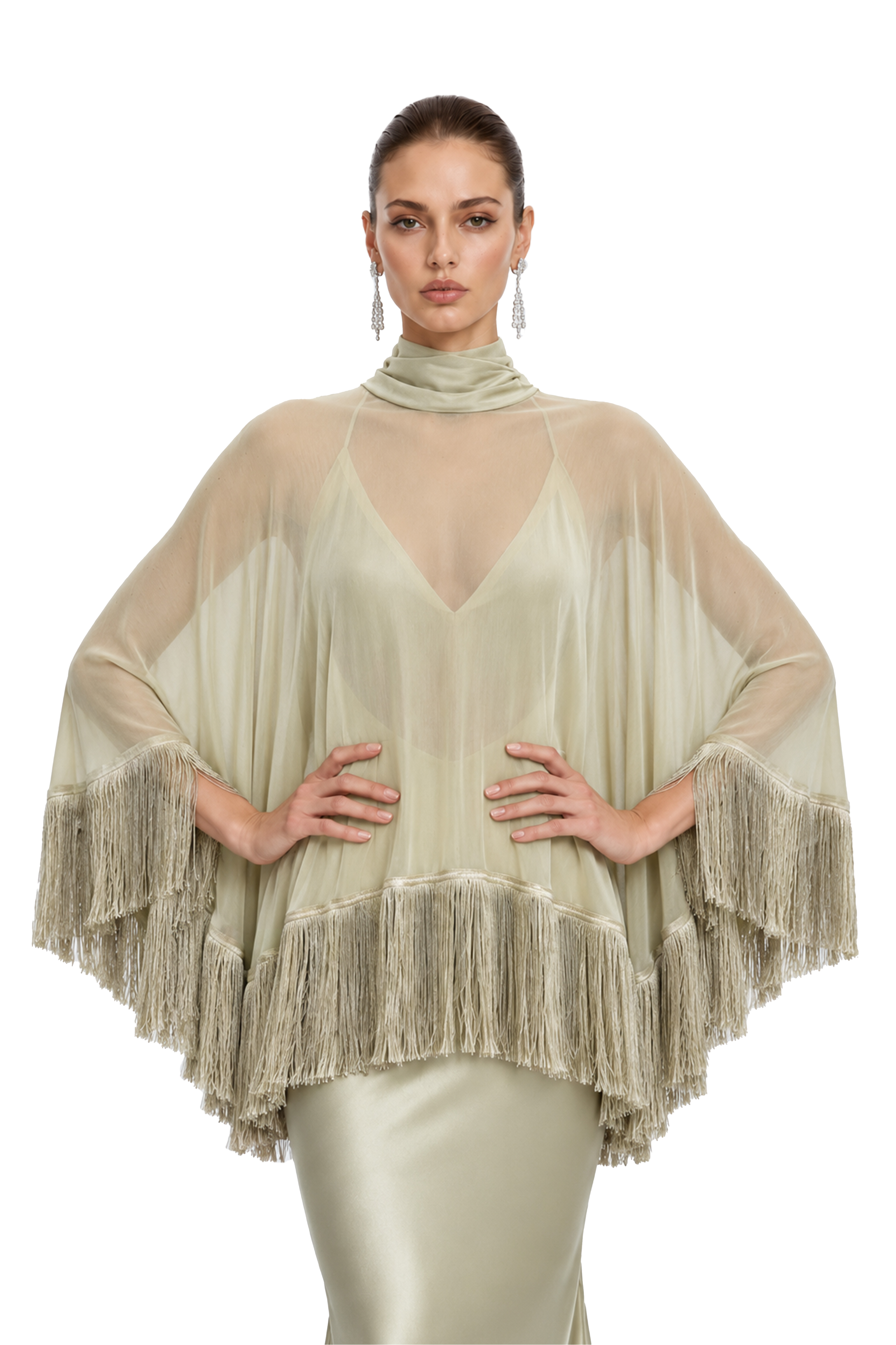 Ravena Sage Green Fringe Cape Top & Maxi Dress Set