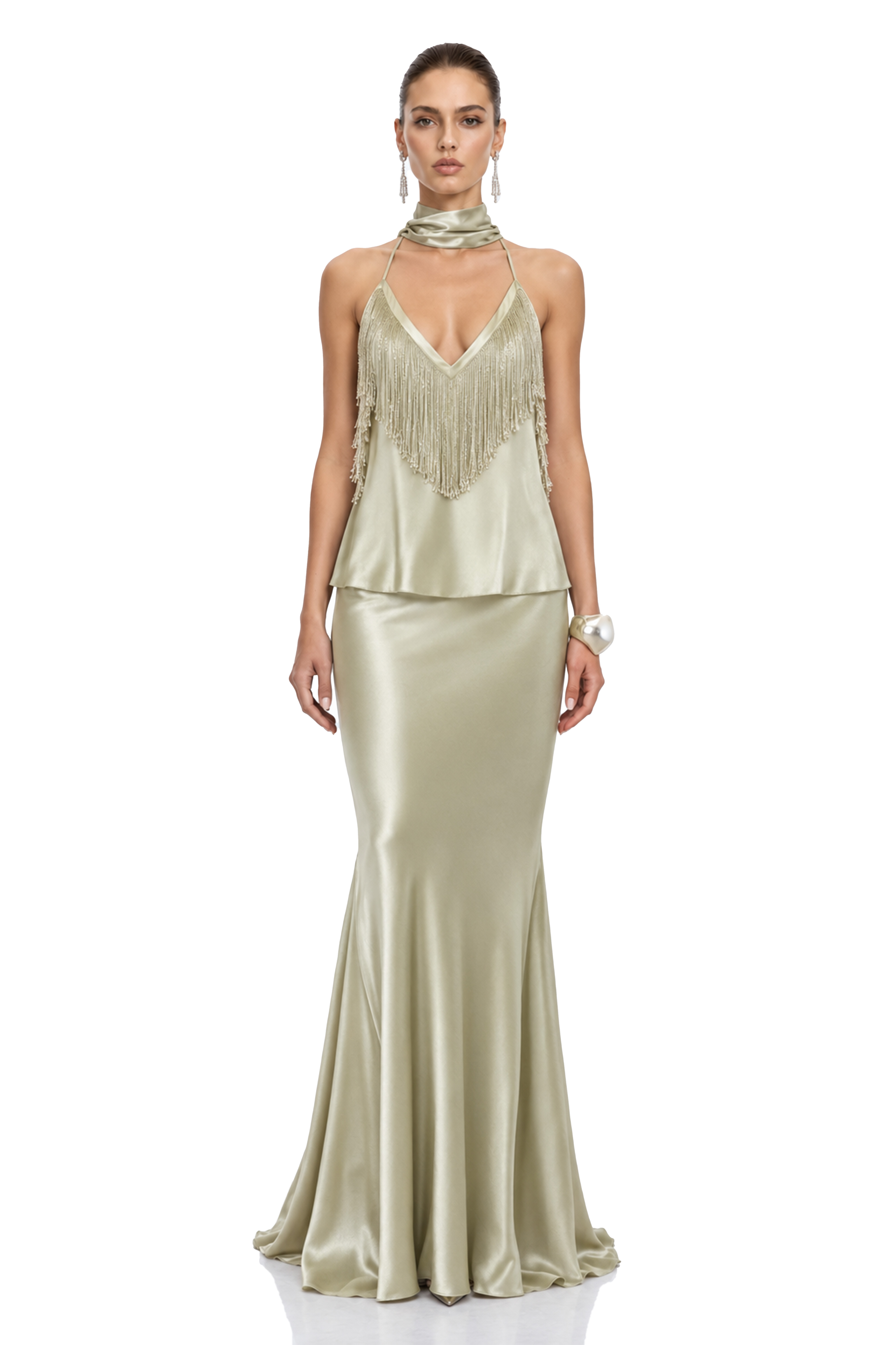 Ravena Sage Green Fringe Cape Top & Maxi Dress Set