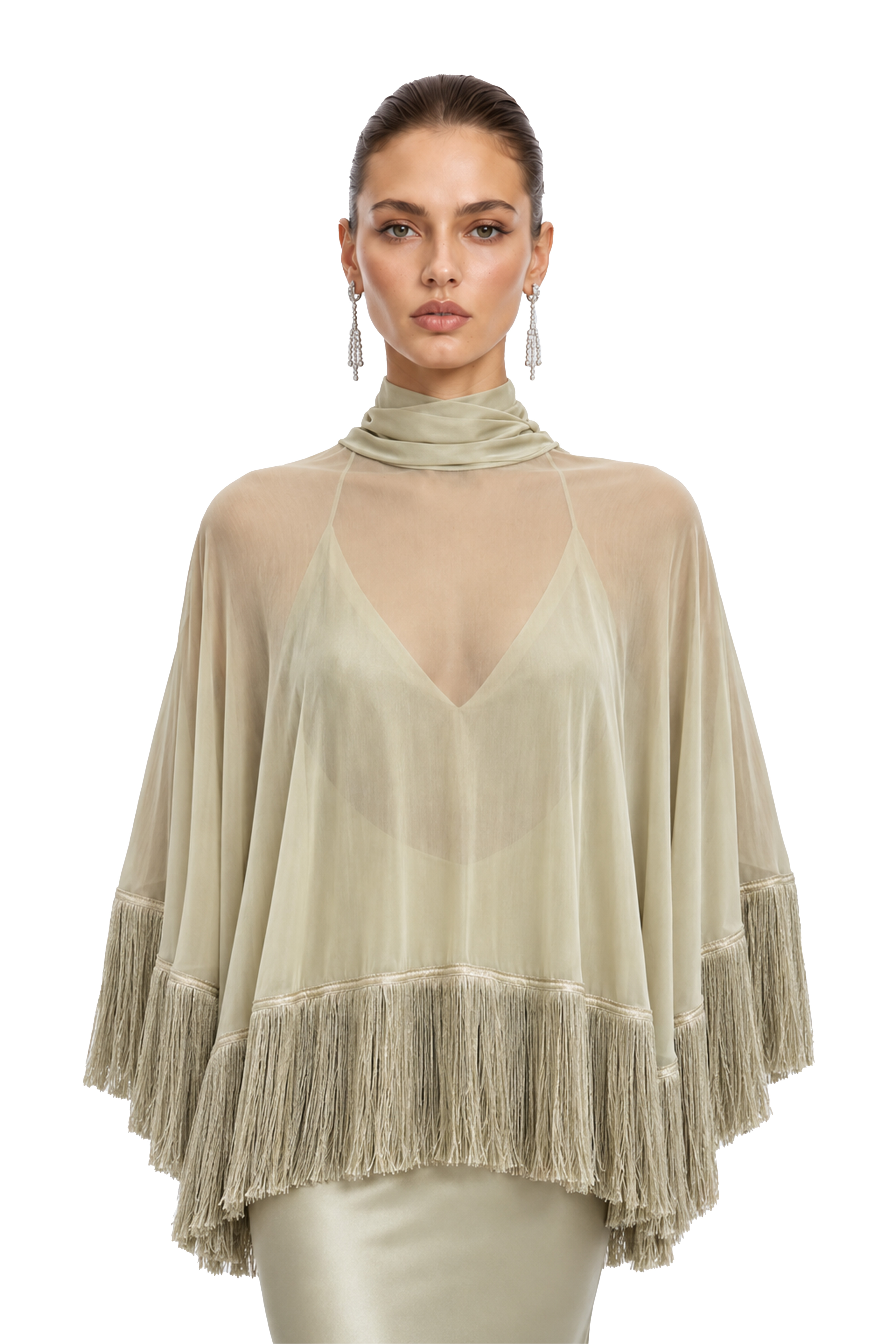 Ravena Sage Green Fringe Cape Top & Maxi Dress Set