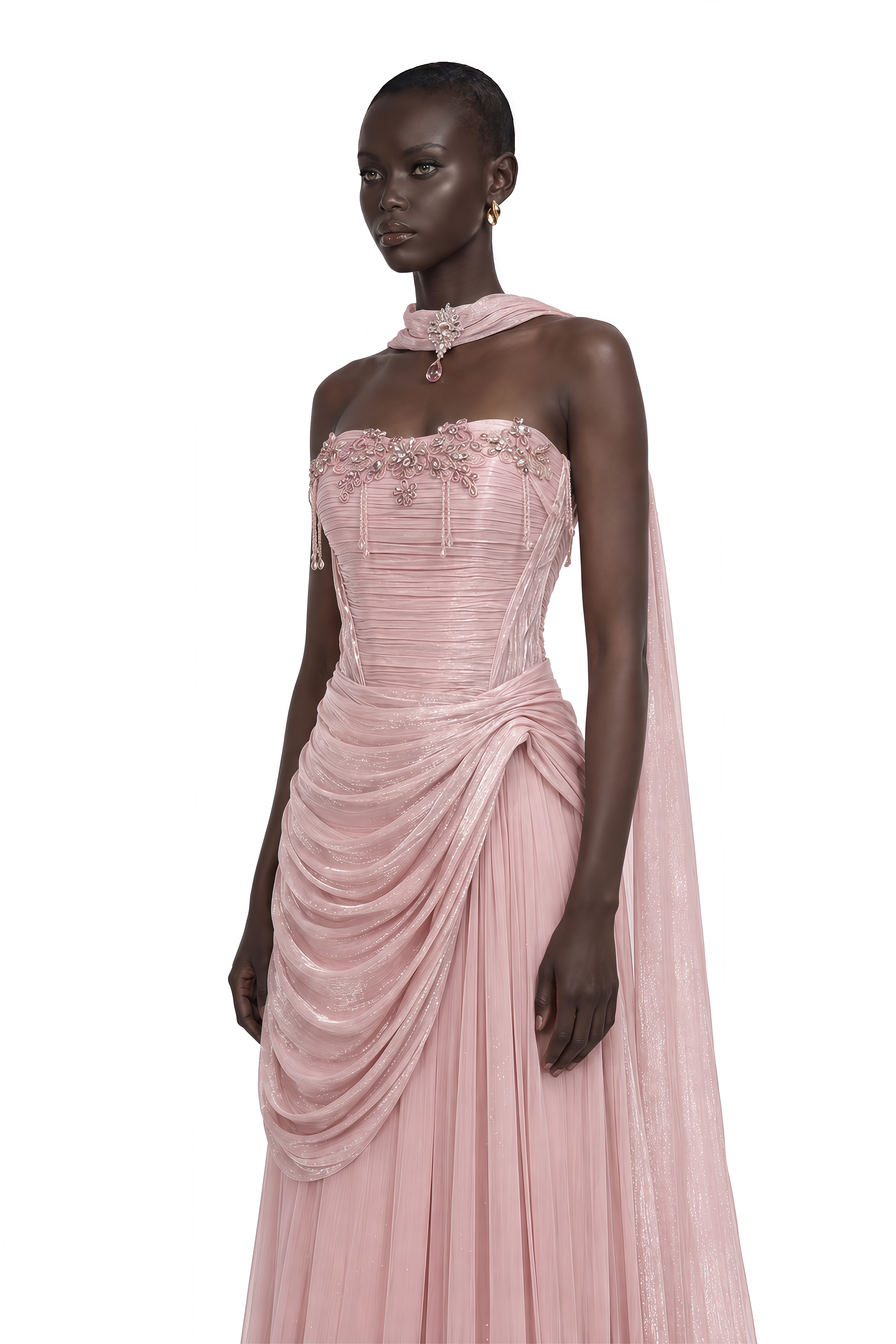 Raye Pink Embellished Strapless Draped Maxi Dress
