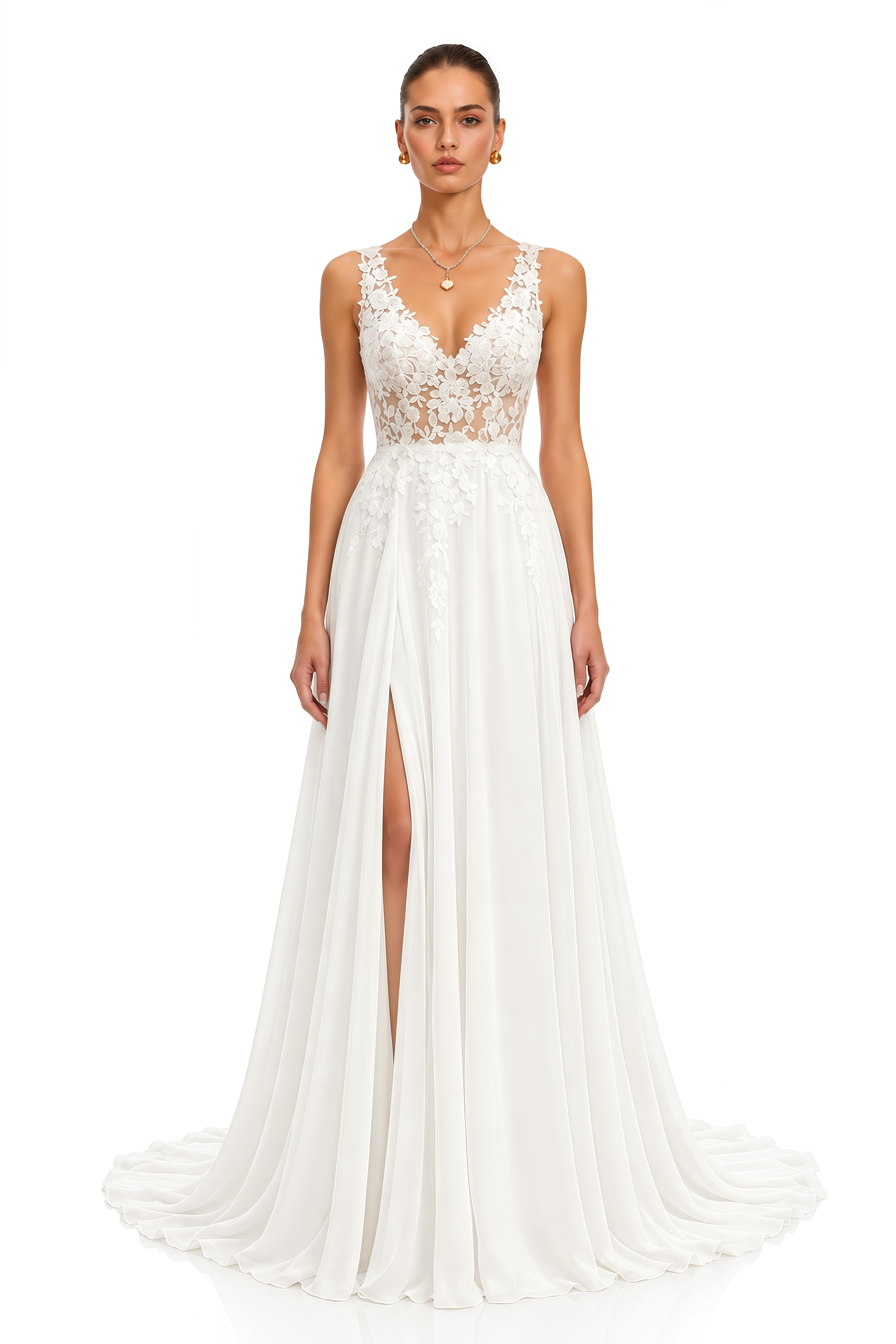 Razan White Lace V-Neck Maxi Dress with Slit