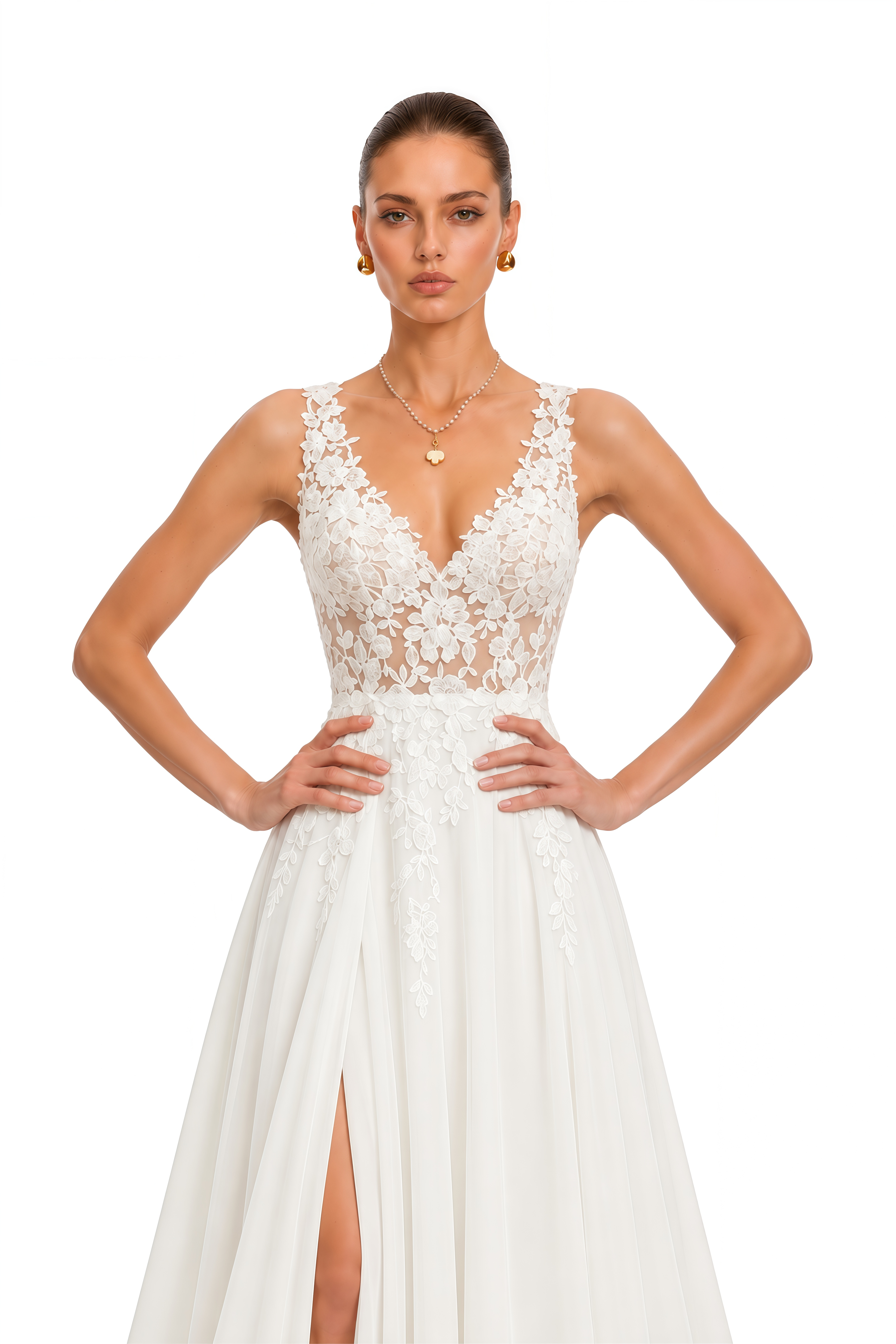 Razan White Lace V-Neck Maxi Dress with Slit